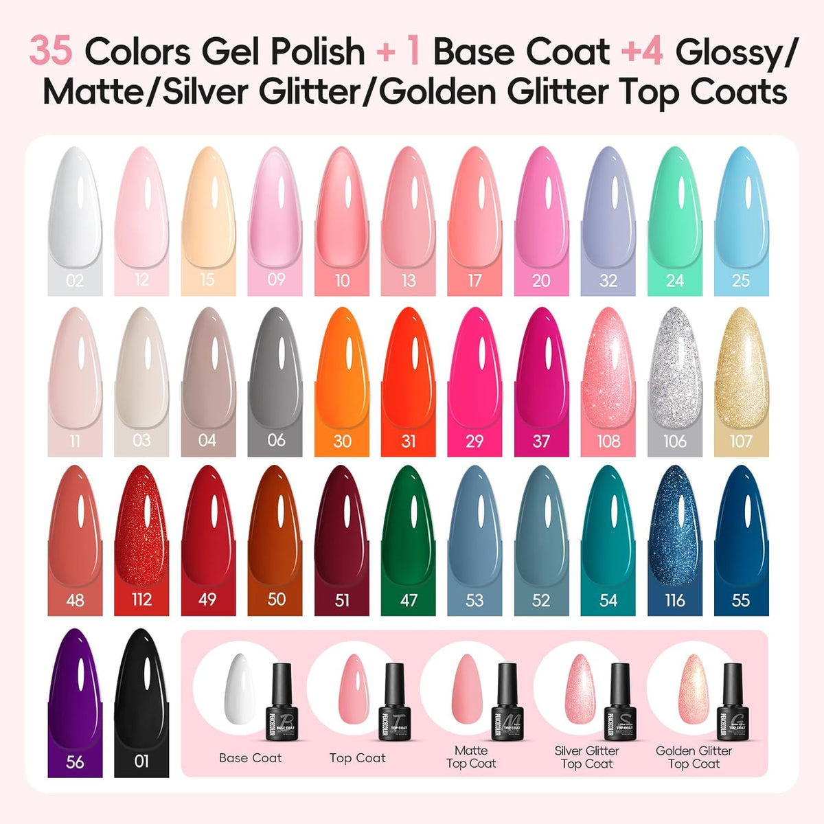 PEACECOLOR 53PC Gel Nail Polish Kit with U V Light and Drill, 35 Colors All Season Gel Polish Set