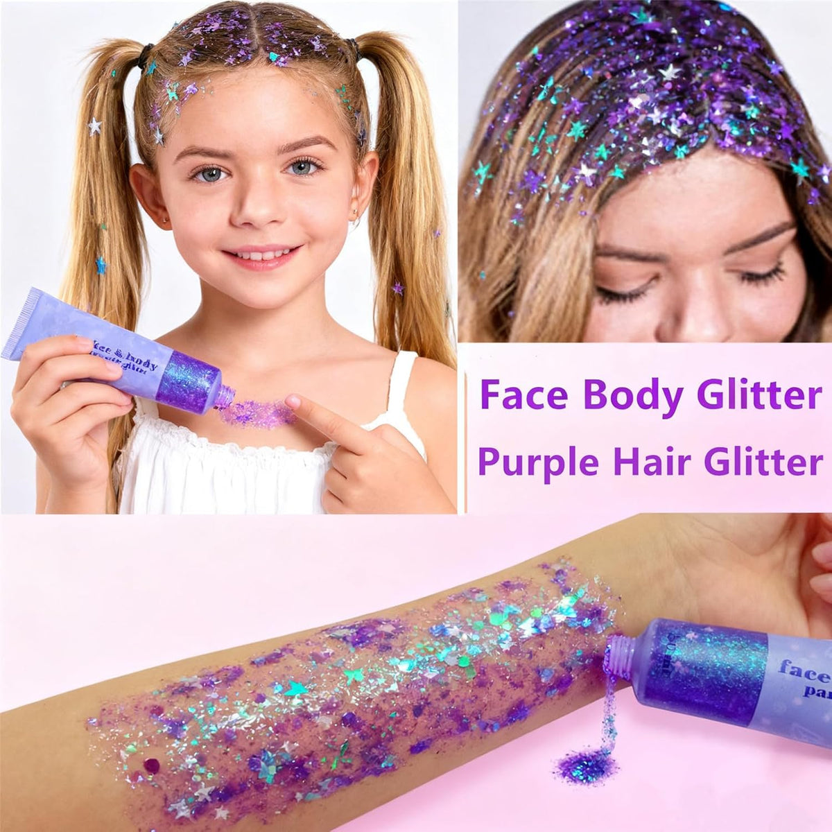 Go Ho Mermaid Purple Face Body Glitter Gel,Holographic Purple Hair Glitter,Mardi Gras Outfit for