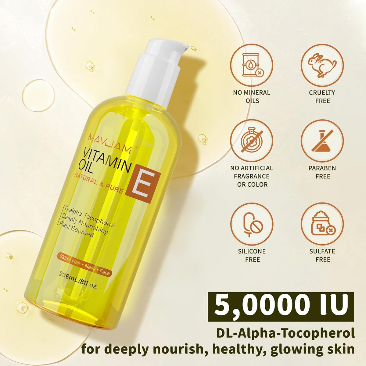 Organic Vitamin E Oil 50,000 IU for Skin, Pure & Natural Vitamine oils for Scars Hair, Face, Nail