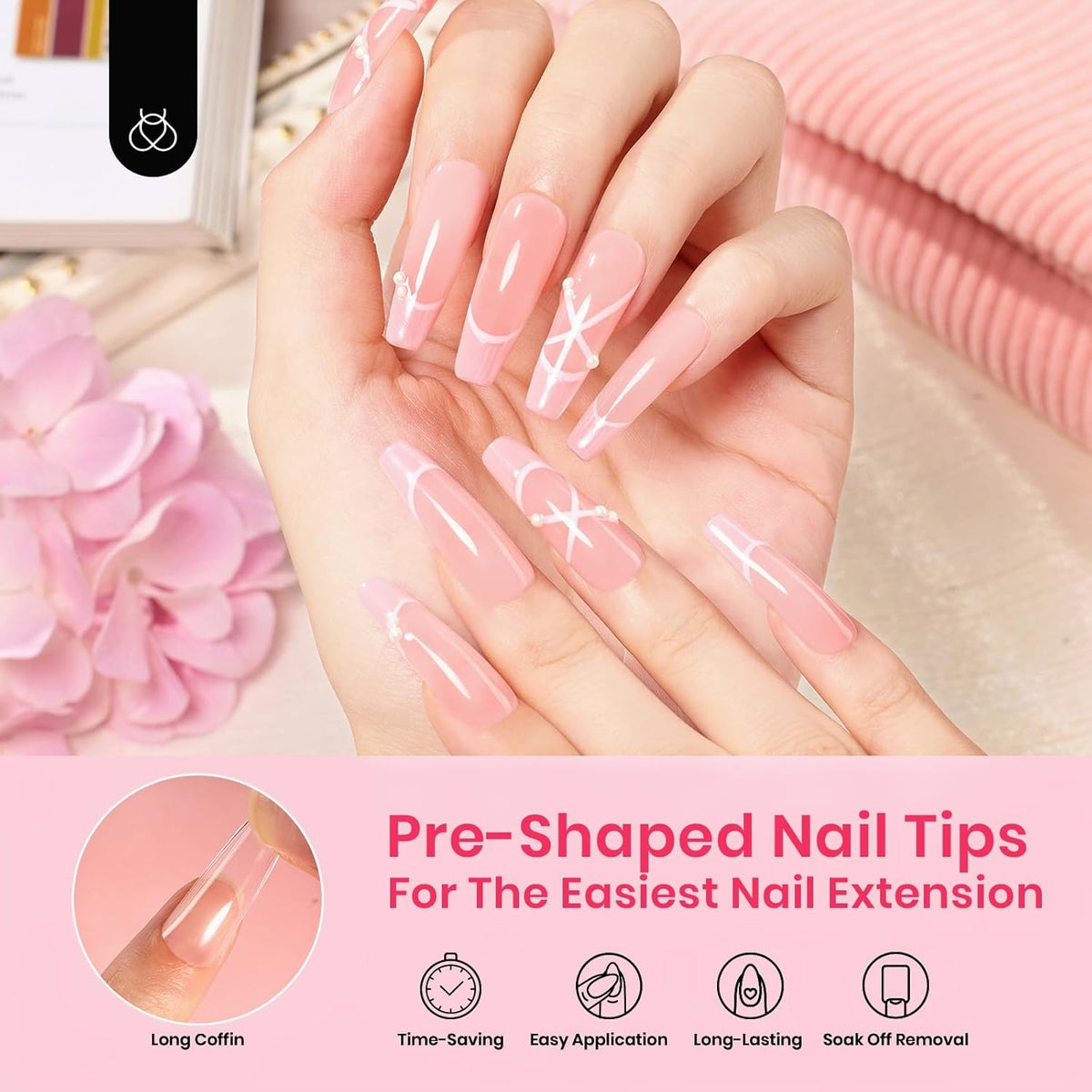 Beetles Gel Nail Tips Long Coffin Pre-Etched Nail Tips, 12 Sizes 288Pcs Pre Shaped Soft Gel Clear