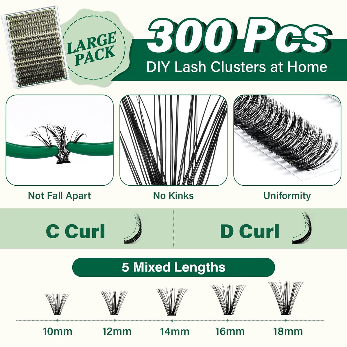 KEYYOU Lash Extension Kit DIY 300Pcs Lash Clusters Eyelash Extension Kit Lash Clusters Kit with