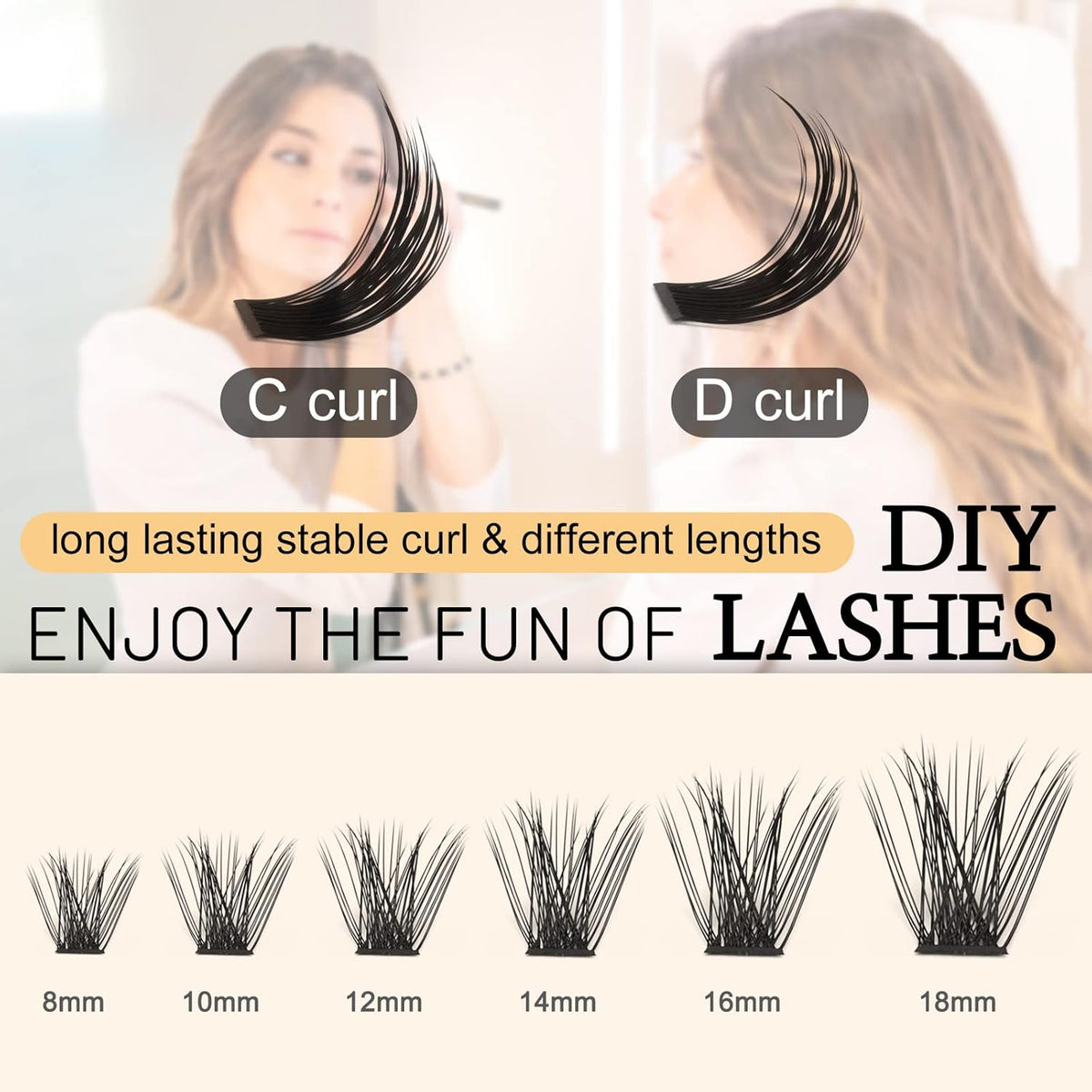 QUEWEL Cluster Lashes 72 Pcs Wide Stem Individual Lashes C/D Curl 8-18mm Length DIY Eyelash