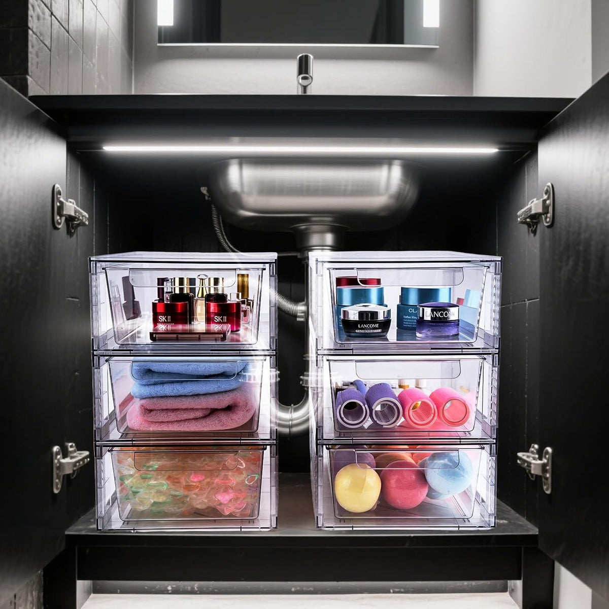 4 Pack Clear Stackable Storage Drawers, 3.95" H Easily Assemble Acrylic Organizer Bins - Multi-Use