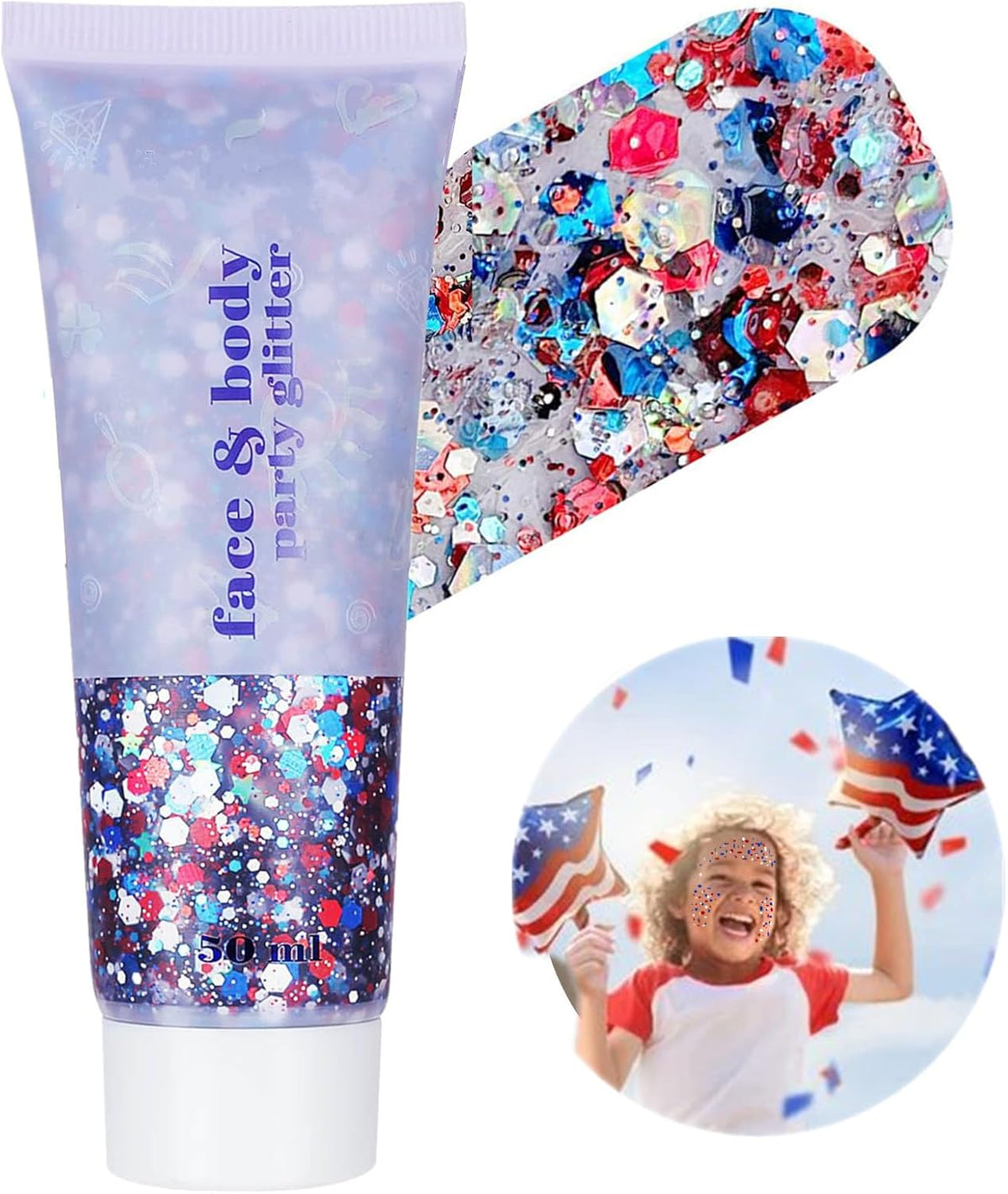 Go Ho Red White and Blue Body Glitter,Patriotic Pride Face Glitter Gel,4th of July Outfits for