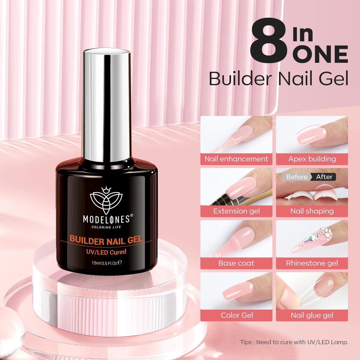 modelones Builder Nail Gel, 8-in-One Pink Shimmer Builder, Sparkle Glitter Pink Rubber Base Gel