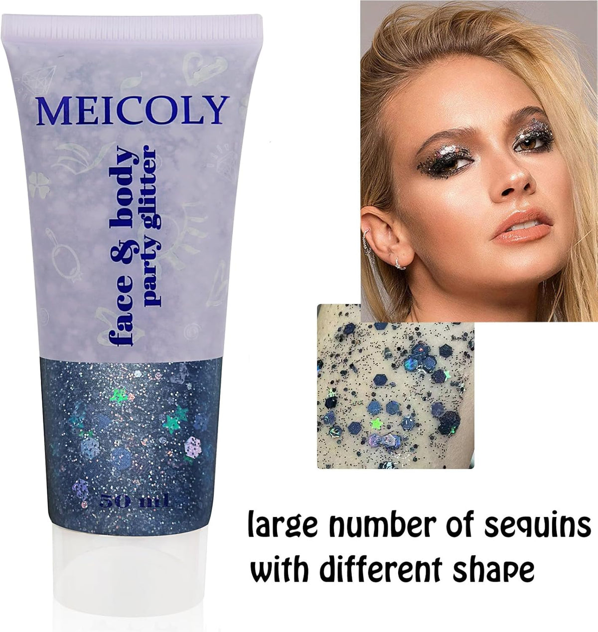 MEICOLY Black Glitter, Professional Body Paint, Mermaid Sequins Eye Glitter for Halloween Cosplay