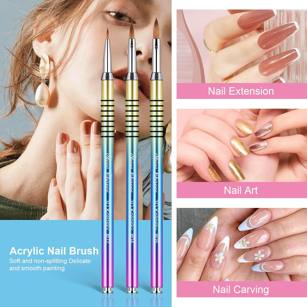 3Pcs Acrylic Nail Brushes Set Size 2 4 5, Kolinsky Hair Acrylic Nail Art Brush, Art Design & Polish