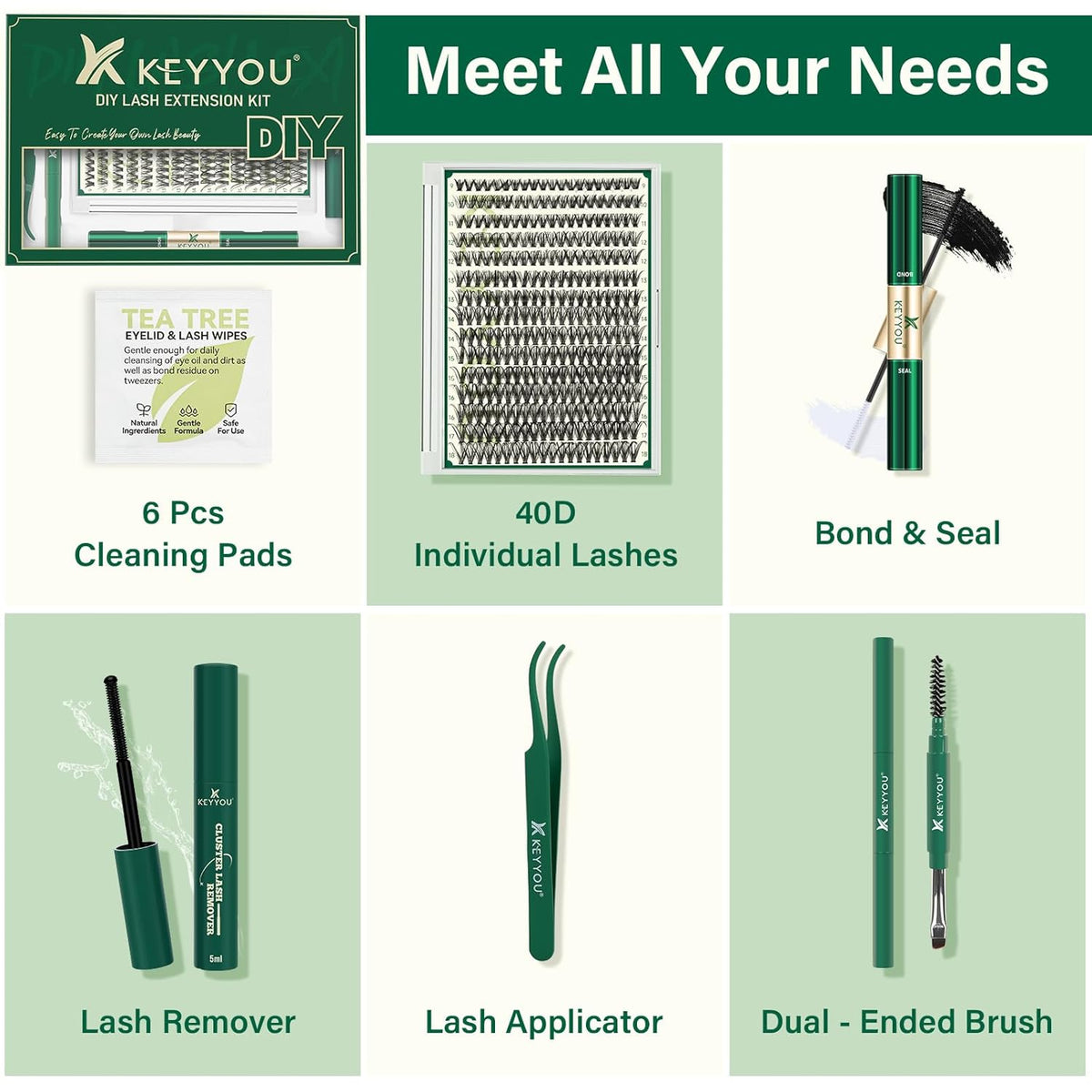 KEYYOU Lash Extension Kit DIY 300Pcs Lash Clusters Eyelash Extension Kit 40D 0.07 D Curl 9-18MIX