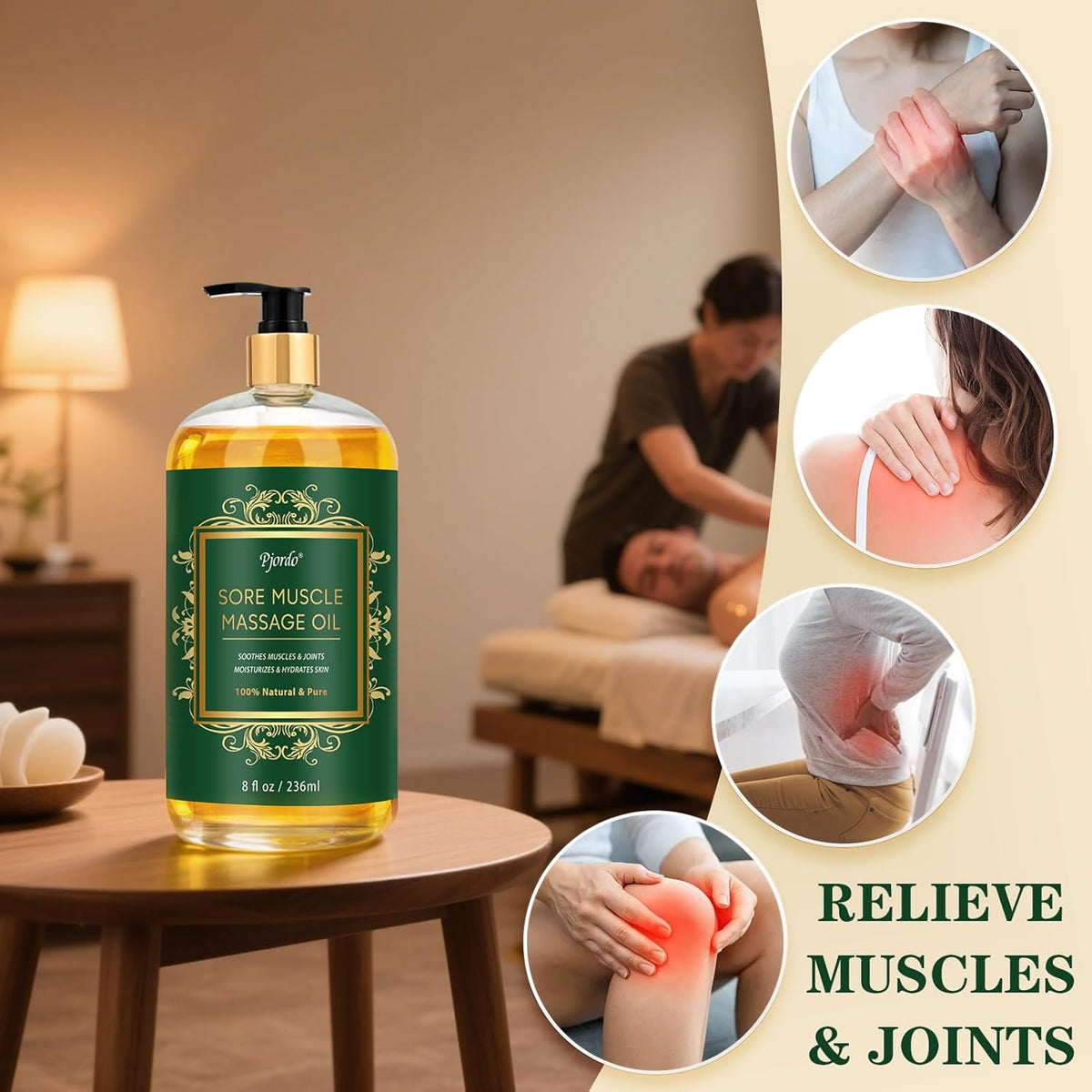 Sore Muscle Massage Oil for Massage Therapy, 8 FL OZ Natural Body Massage Oil with Lavender Oil