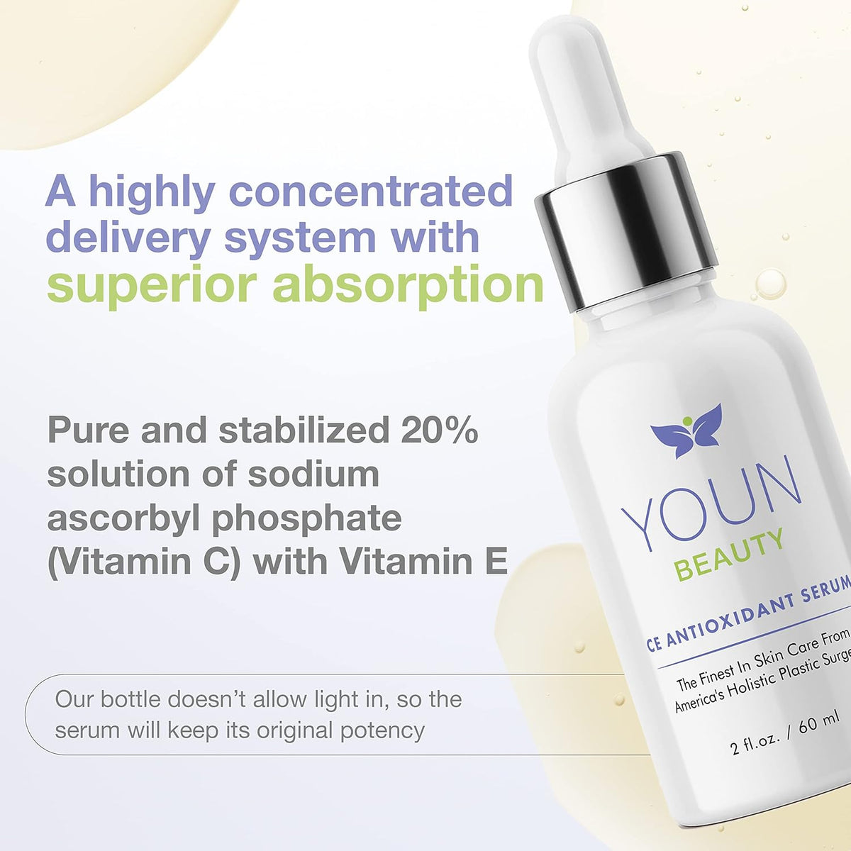 YOUN Beauty 20% Vitamin C Face Serum with Hyaluronic Acid, Ferulic Acid & Vitamin E by Holistic