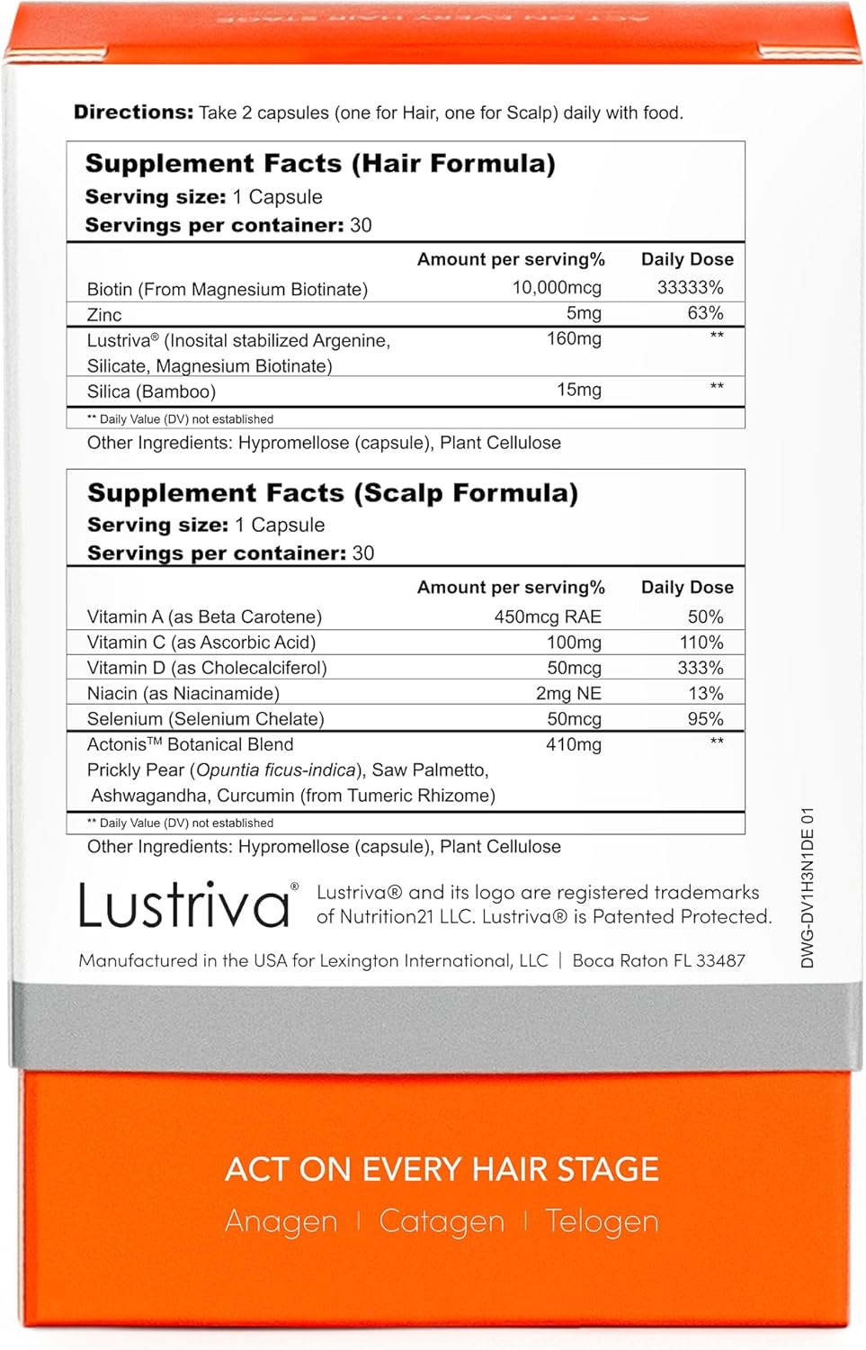 Women & Men Hair Growth Supplement, Hair + Scalp Dual Action Nutraceutical, Lustriva™ + Biotin, Men