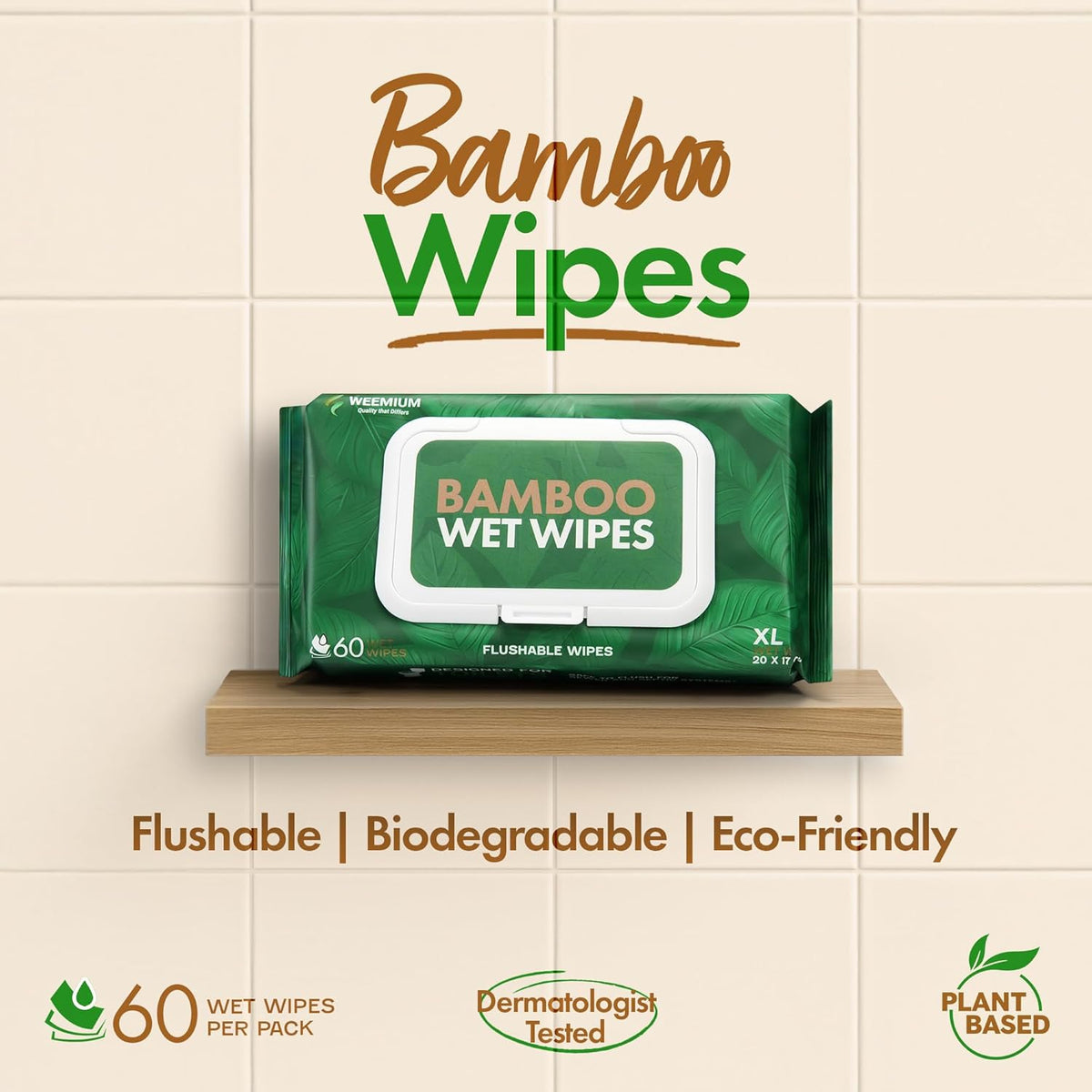 Bamboo Wipes – Pack of 4 (240 XL Flushable Wipes) – Organic, Tree-Free, FSC Certified & Septic Safe