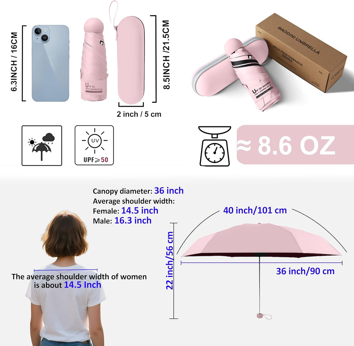 BAODINI Travel Essentials Mini Umbrella for Purse With Case Small Compact UV Sun Protection