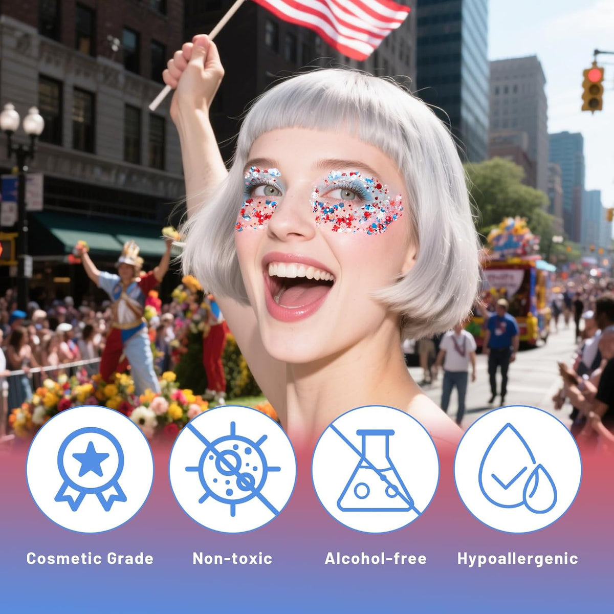 DAGEDA Red White Blue Body Glitter, 4th of July Outfits Accessories for Women, USA Flag Face