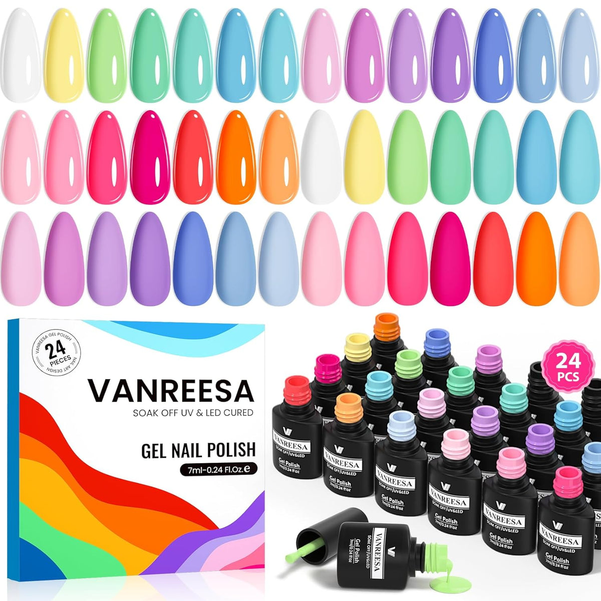 VANREESA 24 Pcs Gel Nail Polish Set, 21 Colors Gel Polish with Base Coat Glossy & Matte Top Coat