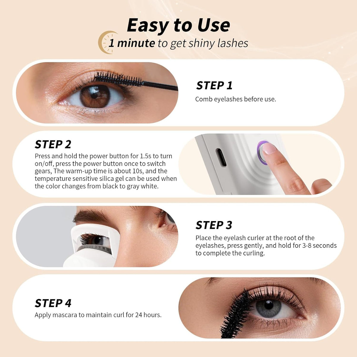 docolor Heated Eyelash Curler Fast Heat up Within 10s, 24 Hours Long Lasting Electric Eyelash