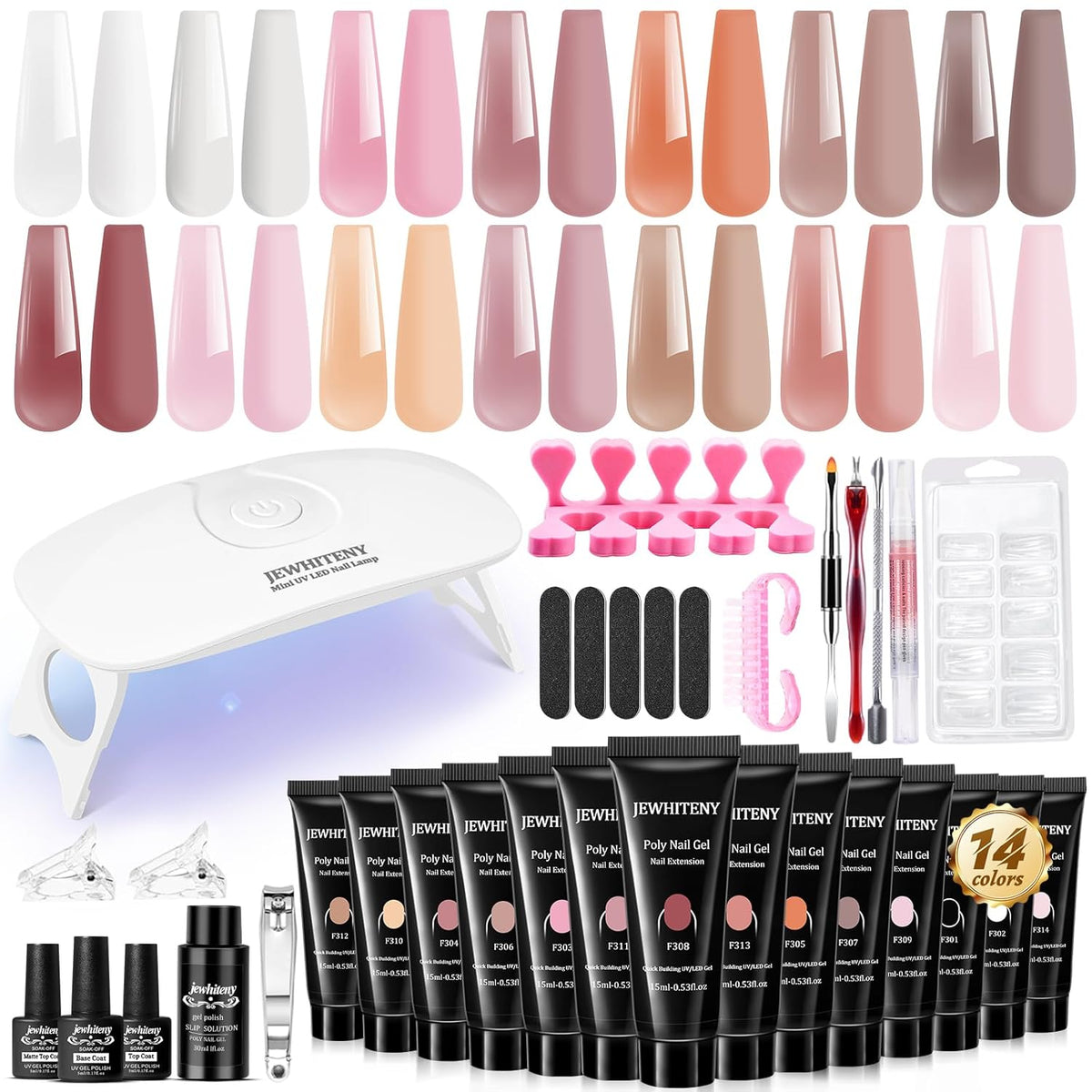 JEWHITENY Poly Extension Gel Nail Kit 14 PCS Poly Gel Kit with Slip Solution and Mini Lamp Nail Art