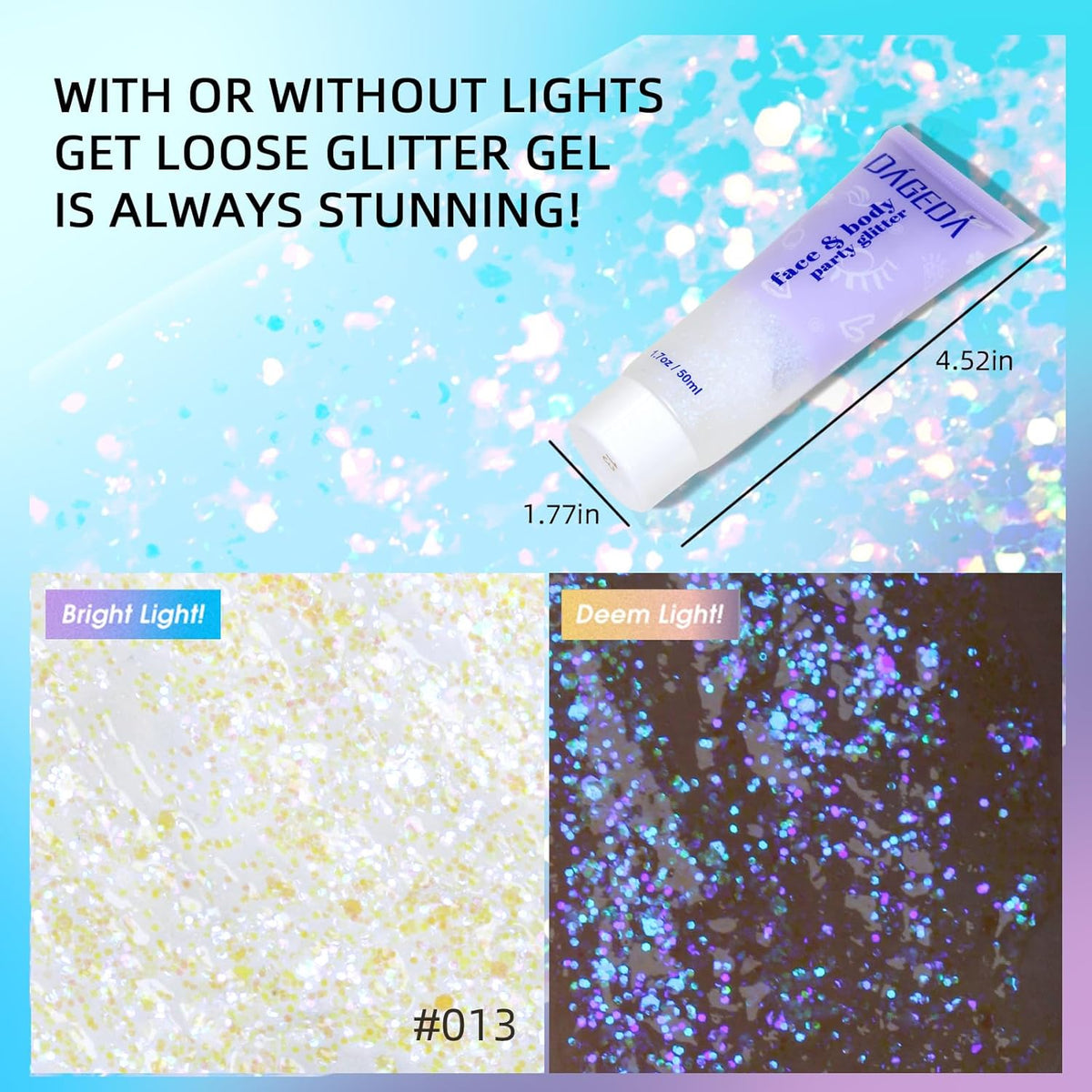 DAGEDA Body Glitter Gel, Holographic Face Glitters Body Gel Shimmer Liquid Eyeshadow, Color