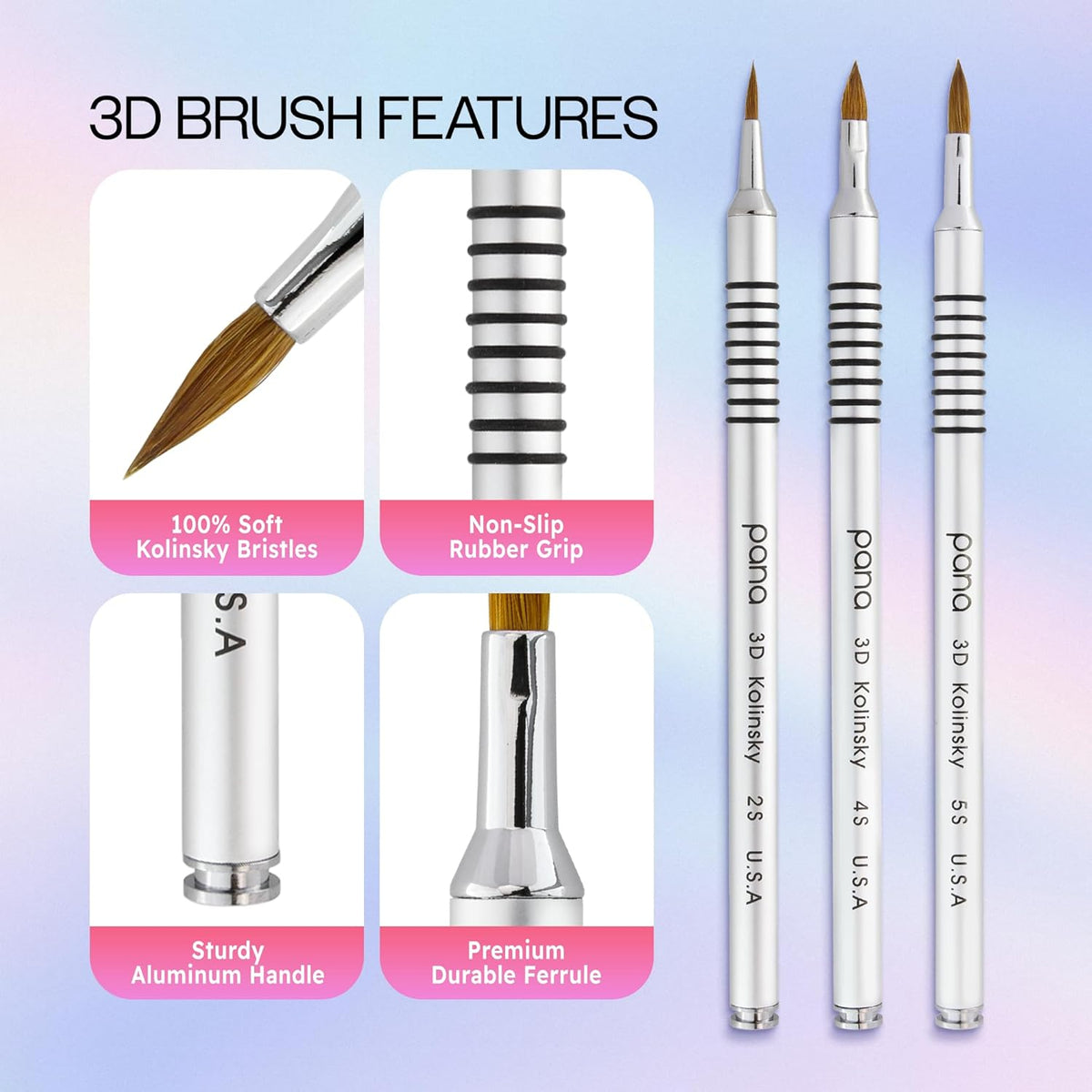 PANA 3D Kolinsky Acrylic Nail Art Sculpture Brush with Silver Metal Non-Slip Grip Handle for