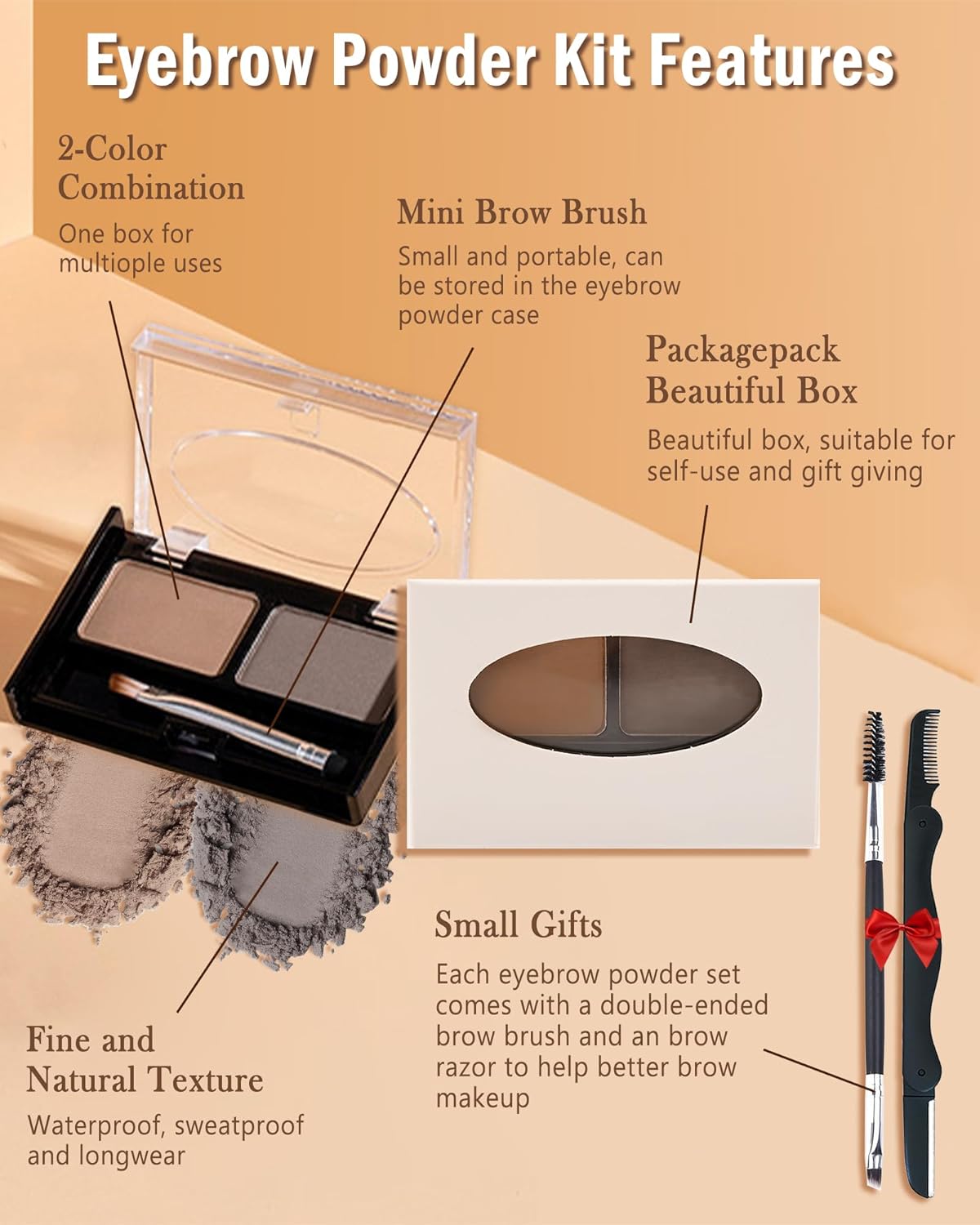 Waterproof Eyebrow Powder Kit-2 Colors Eye Brow Powder Tinted Palette Long Lasting Up to 16H,Dark