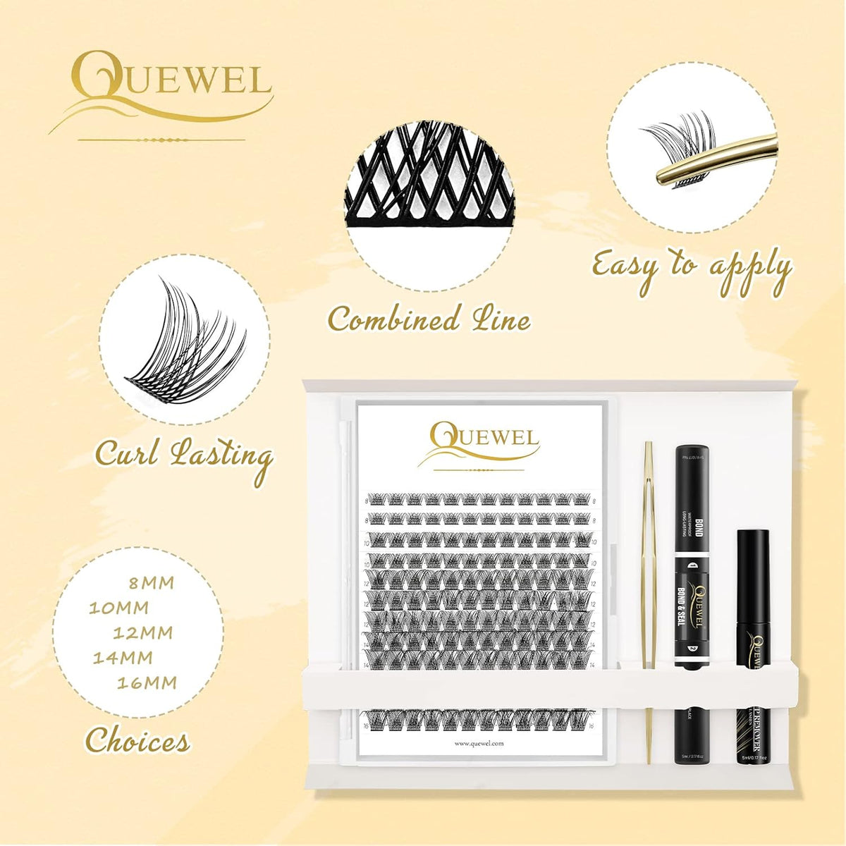 QUEWEL DIY Eyelash Extensions Kit, 144 Pcs Lash Clusters, Cluster Eyelashes Applicator Tool, Super