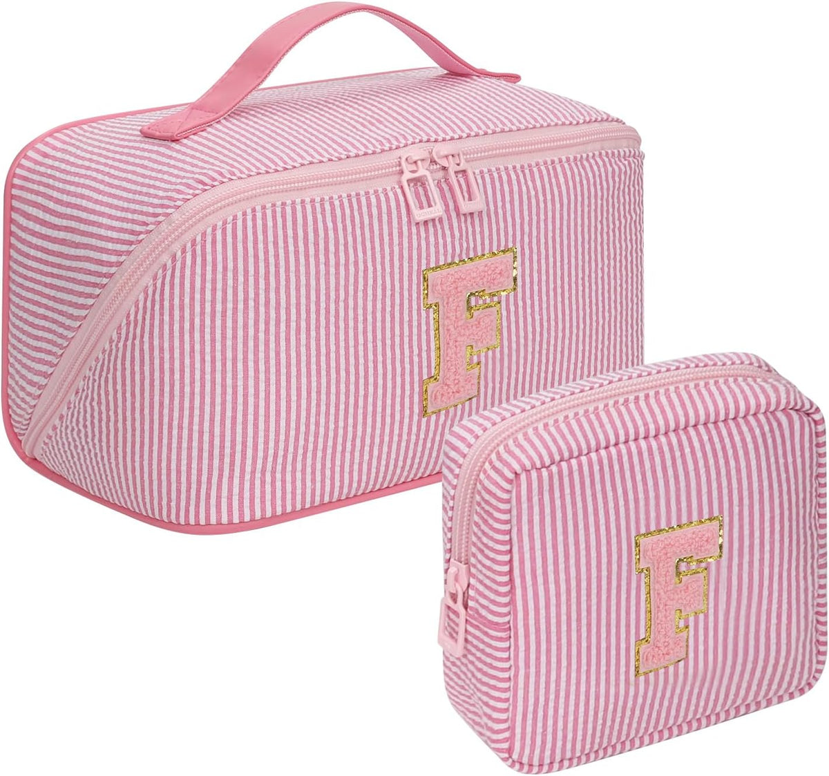 Travel Makeup Bag for Women, 2Pcs Portable Personalized Initial Makeup Organizer Bag, Open Flat