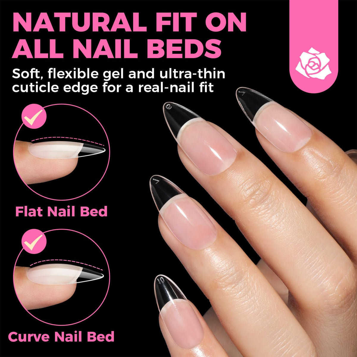 UNA GELLA Almond Gel Nail Tips, 504PCS Pre Etched Clear Fake Nails Tips Medium Almond Shape - 12