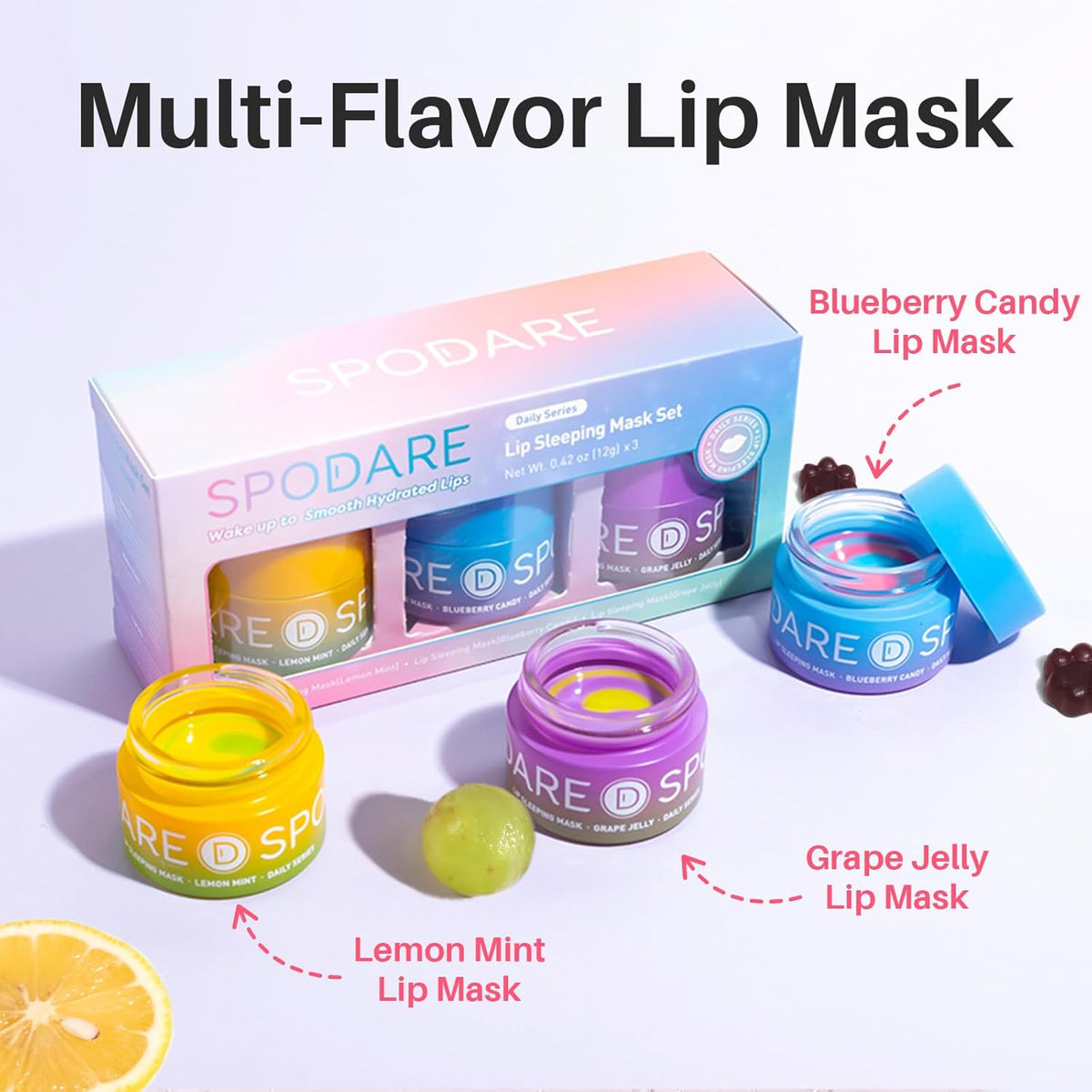 3-in-1 Dual-Color Sleeping Lip Mask Set – Blueberry, Grape and Lemon, Hydration & Repair for Dry