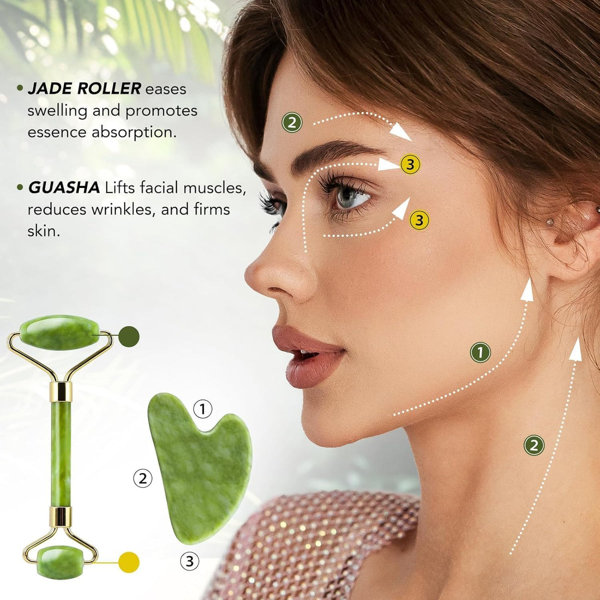 2 Pack – Jade Roller & Gua Sha Facial Tools Set for Face & Body – Face Sculpting, Puffiness &