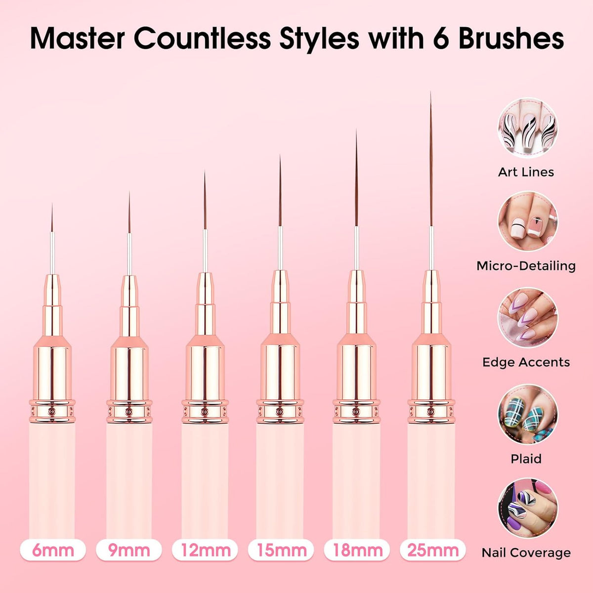 Nail Art Brushes, 6 Pcs Nail Liner Brushes for Nails, Nail Brushes for Nail Art Lines, Details