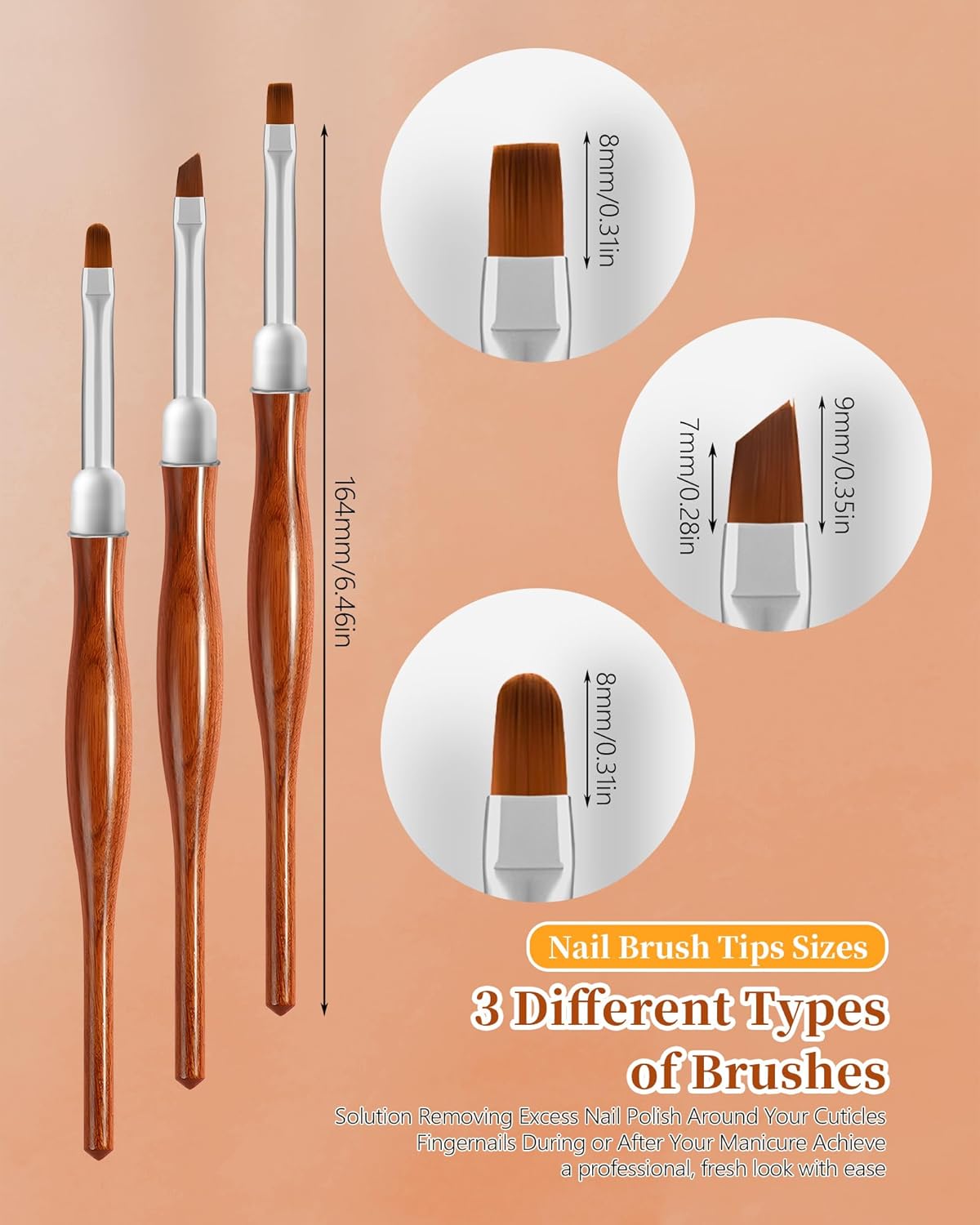 3PCS Nail Art Clean Up Brushes, Round/Angled/flat Acetone Resistant Gel Nail Polish Remover Brush