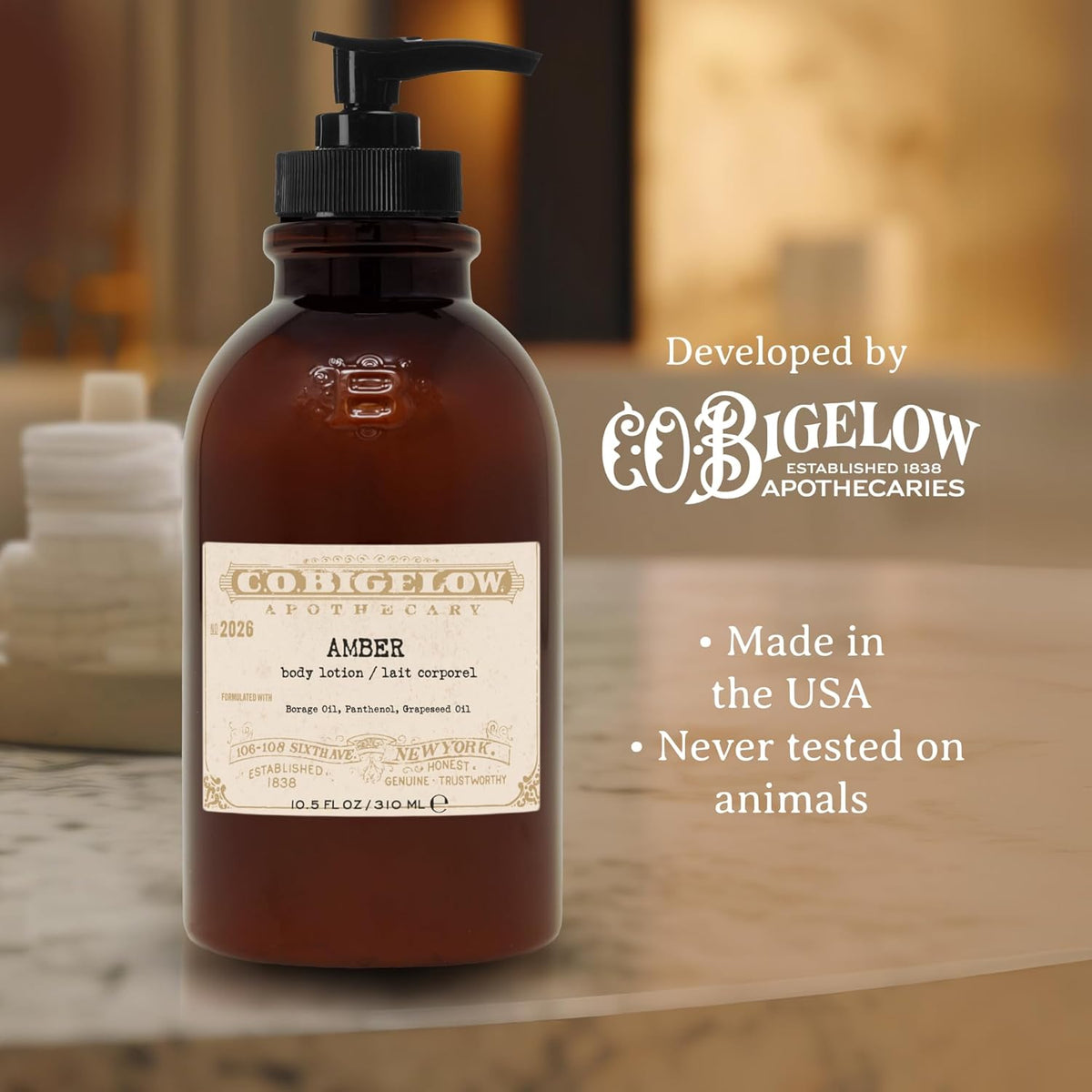 C.O. Bigelow Iconic Collection Amber Body Lotion, Scented Body Cream with Grapeseed Oil and Shea