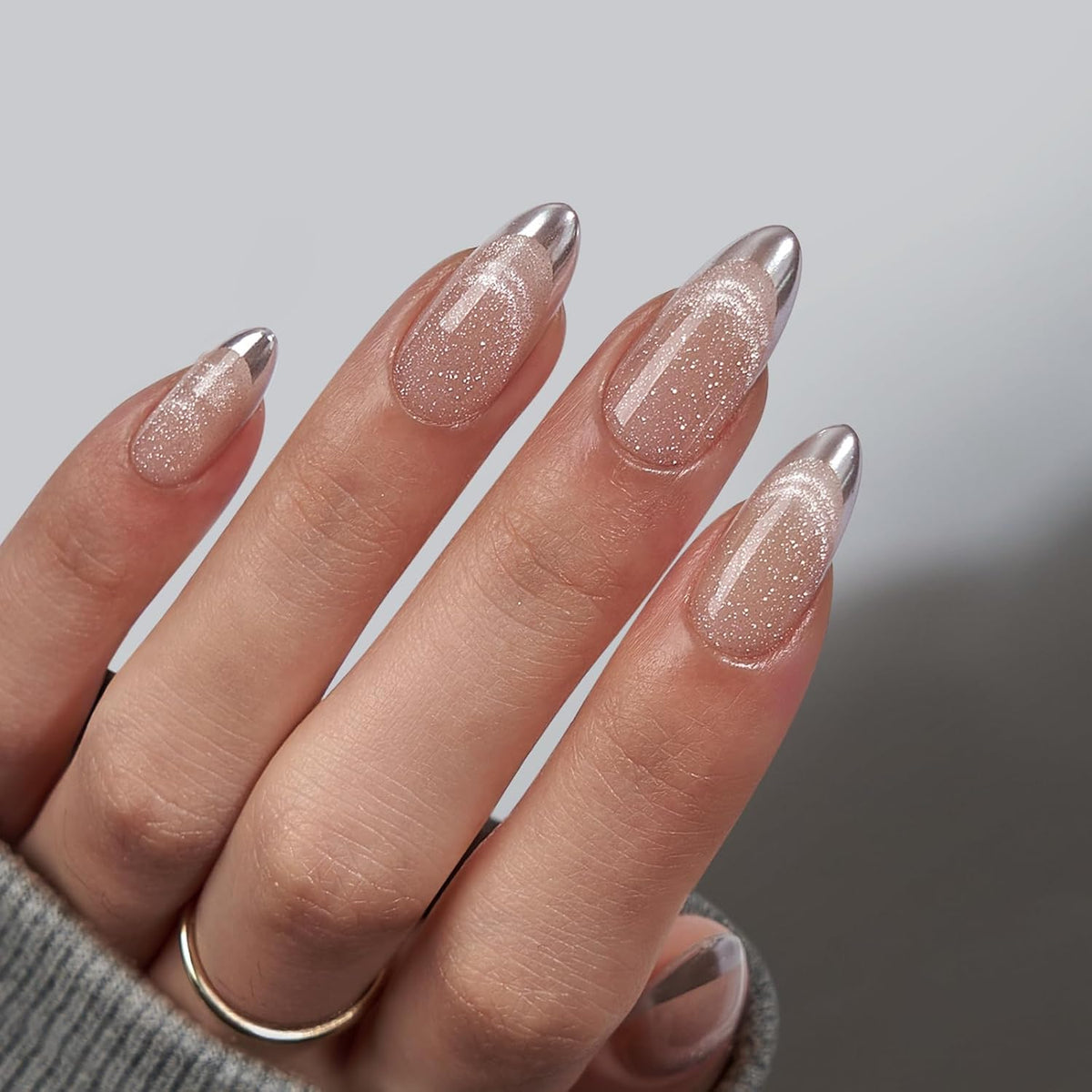 BTArtbox Almond Press On Nails Medium - Lamp-Curable Metallic French Tip Cat Eye Press On Nails