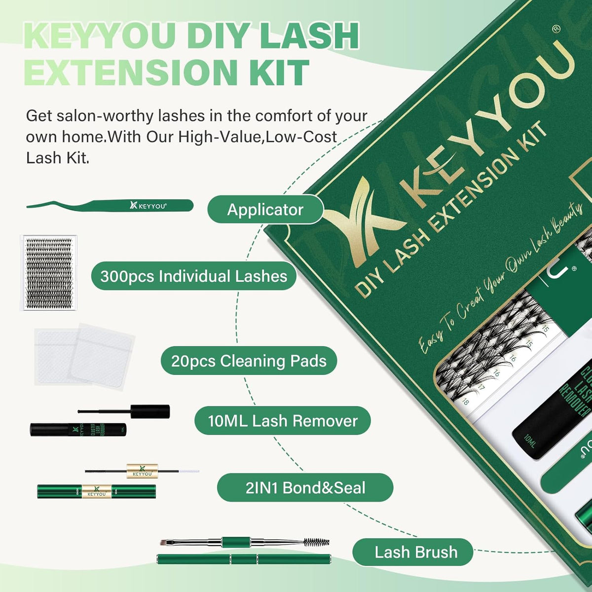 KEYYOU Lash Extension Kit DIY 300Pcs Lash Clusters Eyelash Extension Kit 30D D Curl 9-18MIX Lash