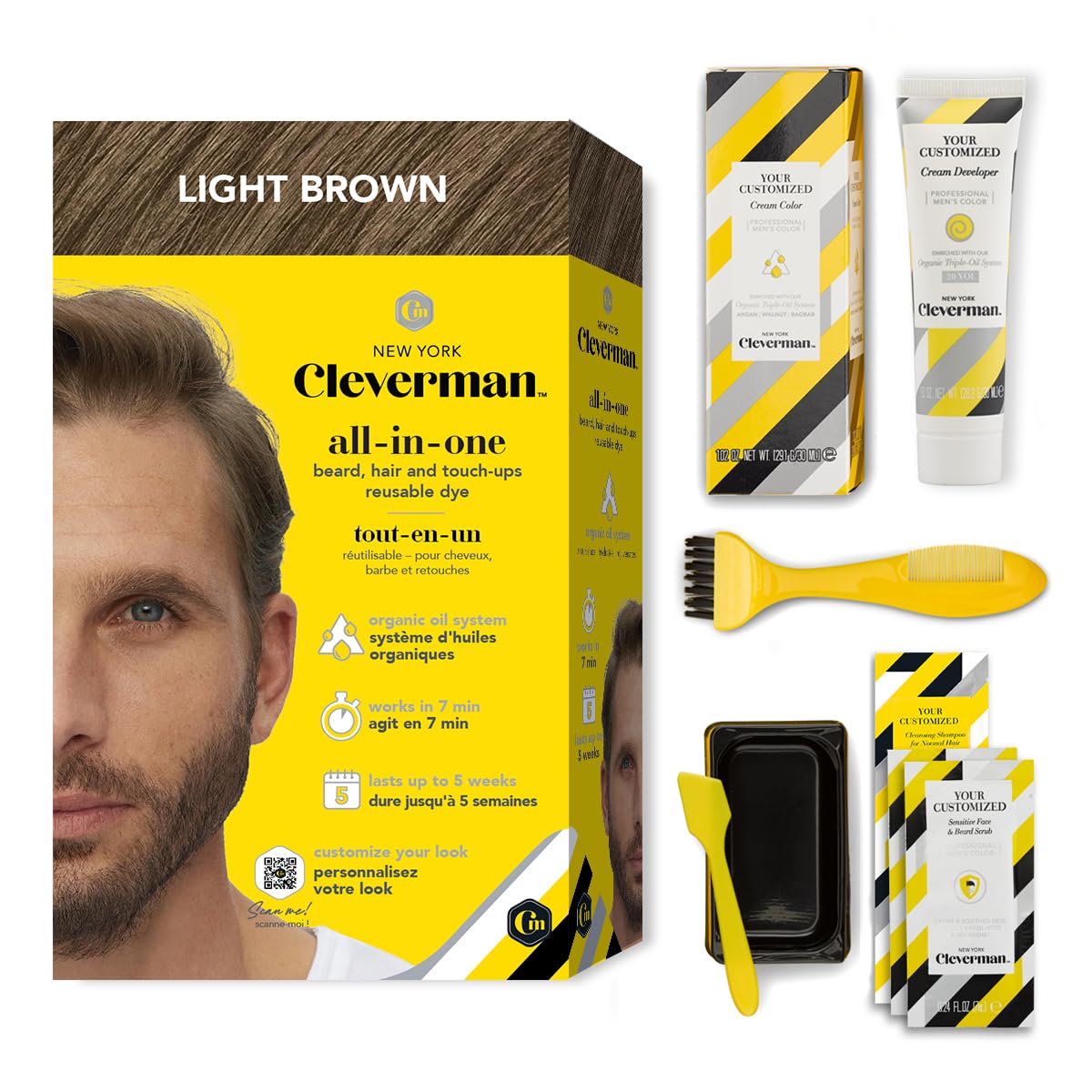 Cleverman Hair & Beard Dye Kit for Men, All-in-One Reusable Mens Hair Color, Natural Gray Coverage
