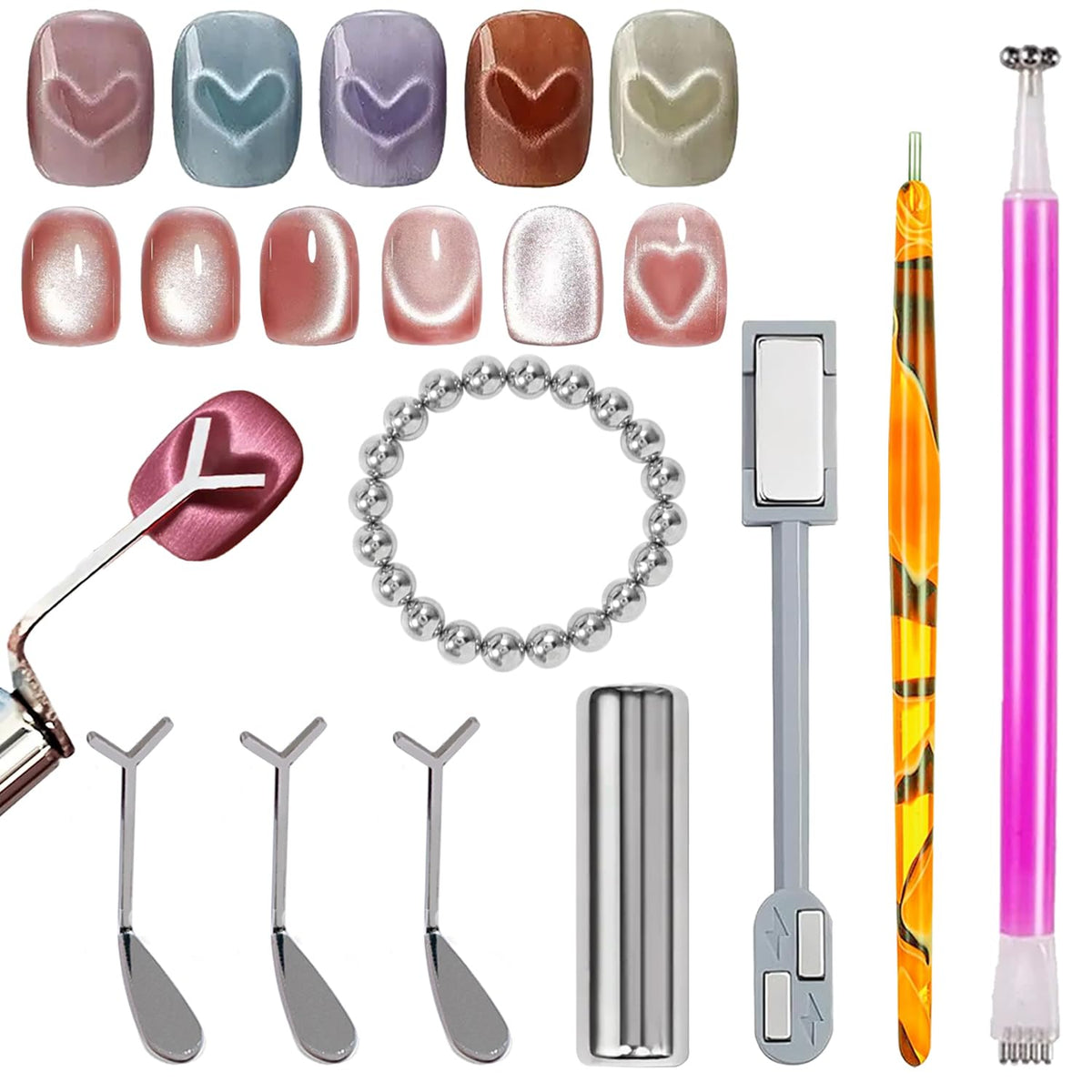24 Pcs Cat Eye Magnet for Nails + 3 Y-Shaped Metal Brackets for Heart Cat Eye Effect Cylindrical