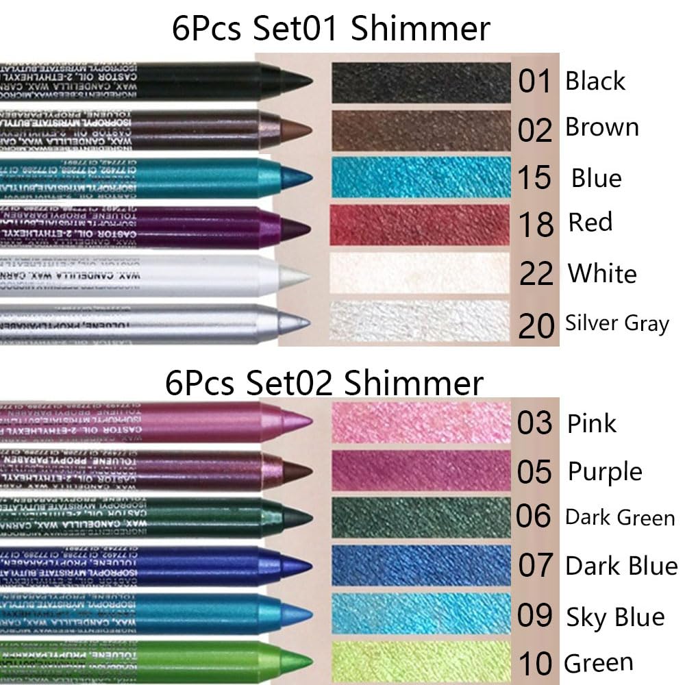 Kaely 6Pcs Glitter Gel Eyeliner Pencil Set for Women, Color Eye Liner Waterproof Smudge Proof with