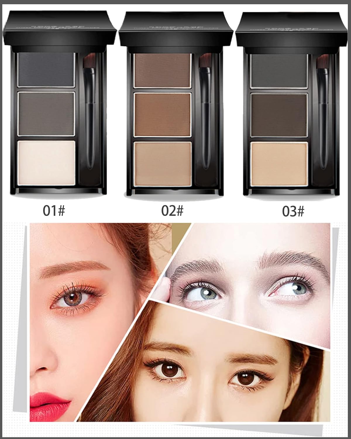 Eyebrow Powder Makeup Kit-3 Colors Eye Brow Powder Palette Long-Lasting Waterproof, Black Brown