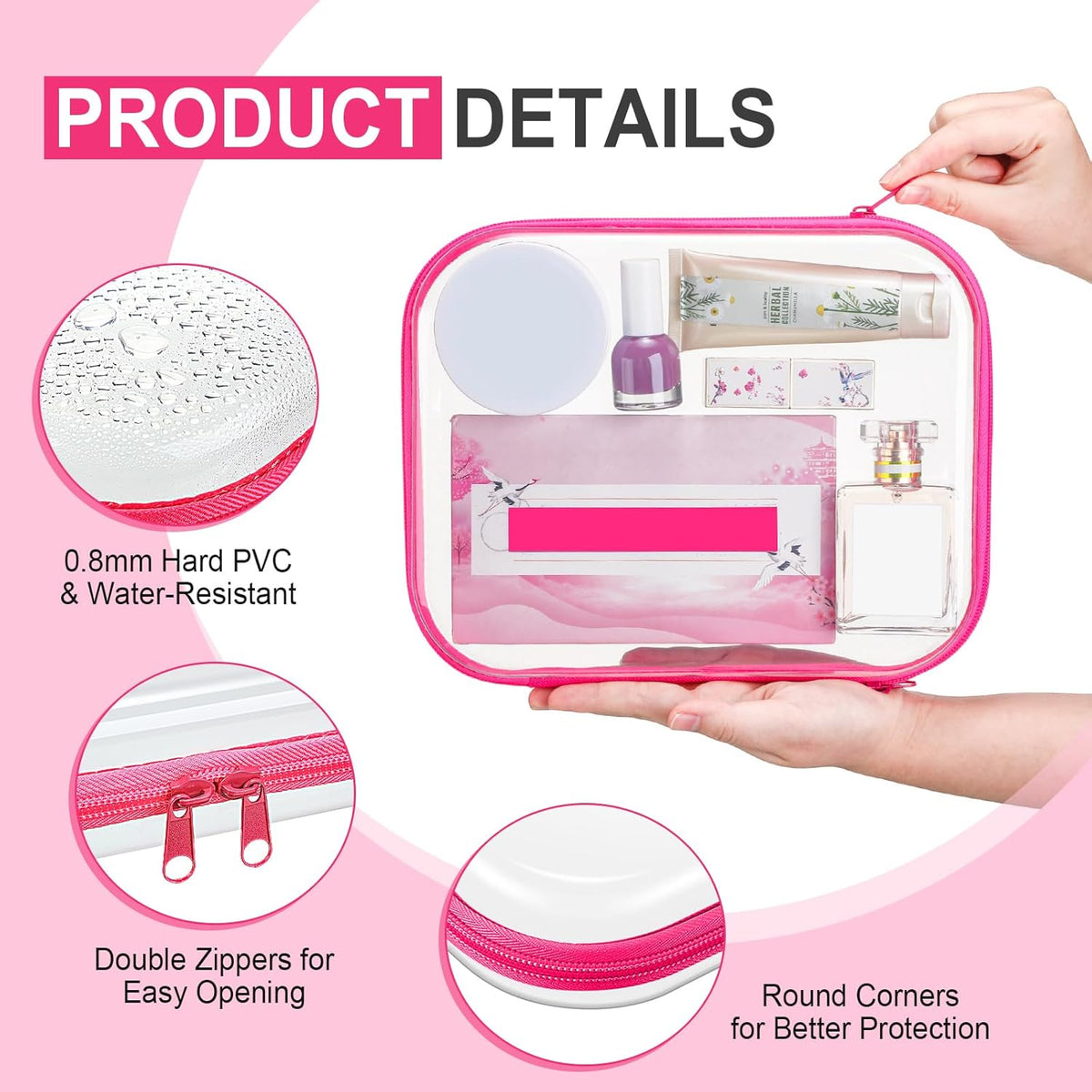 Hoolerry 4 Pcs Hard Clear Zipper Case Makeup Bags Plastic Pencil Pouch Transparent Storage Box