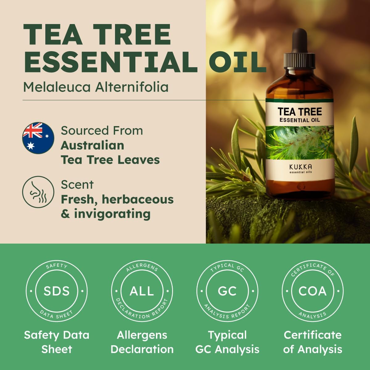 Kukka Essential Oils Tea Tree Oil for Skin, Hair, Nails & Toenails, Aromatherapy - 4 Fl Oz / 118