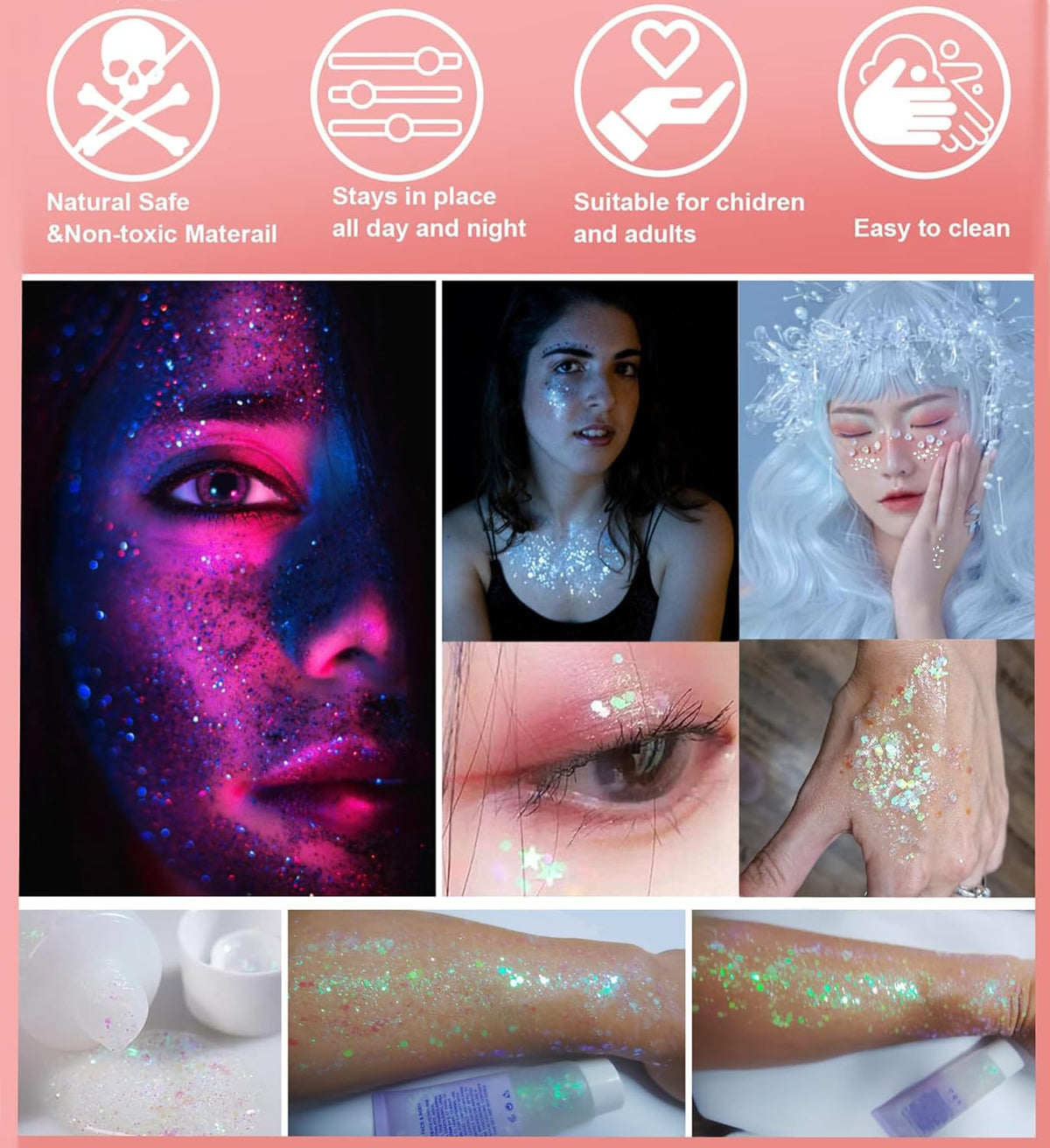 Go Ho Clear White Face Body Glitter - Party Flash Festival Rave Outfits for Women&Kids,Holographic