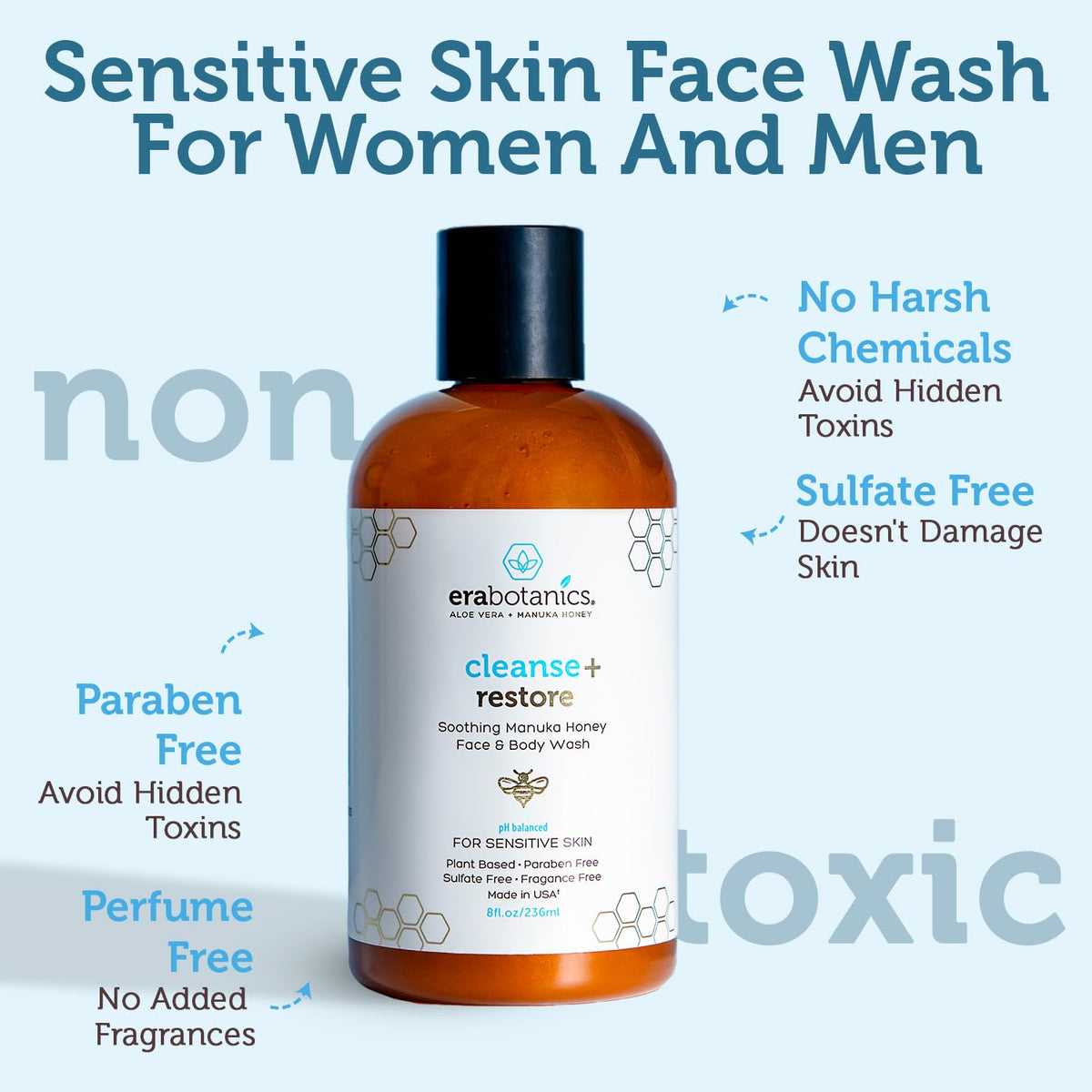 Era Organics Manuka Honey Face Wash for Women, Men - Sulfate Free Moisturizing Cleanser, Organic