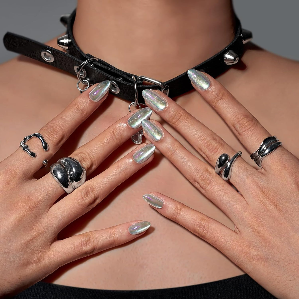 BTArtbox Press On Nails Short - Chrome Cat Eye Almond Press On Nails with Glue for Women, Opaque