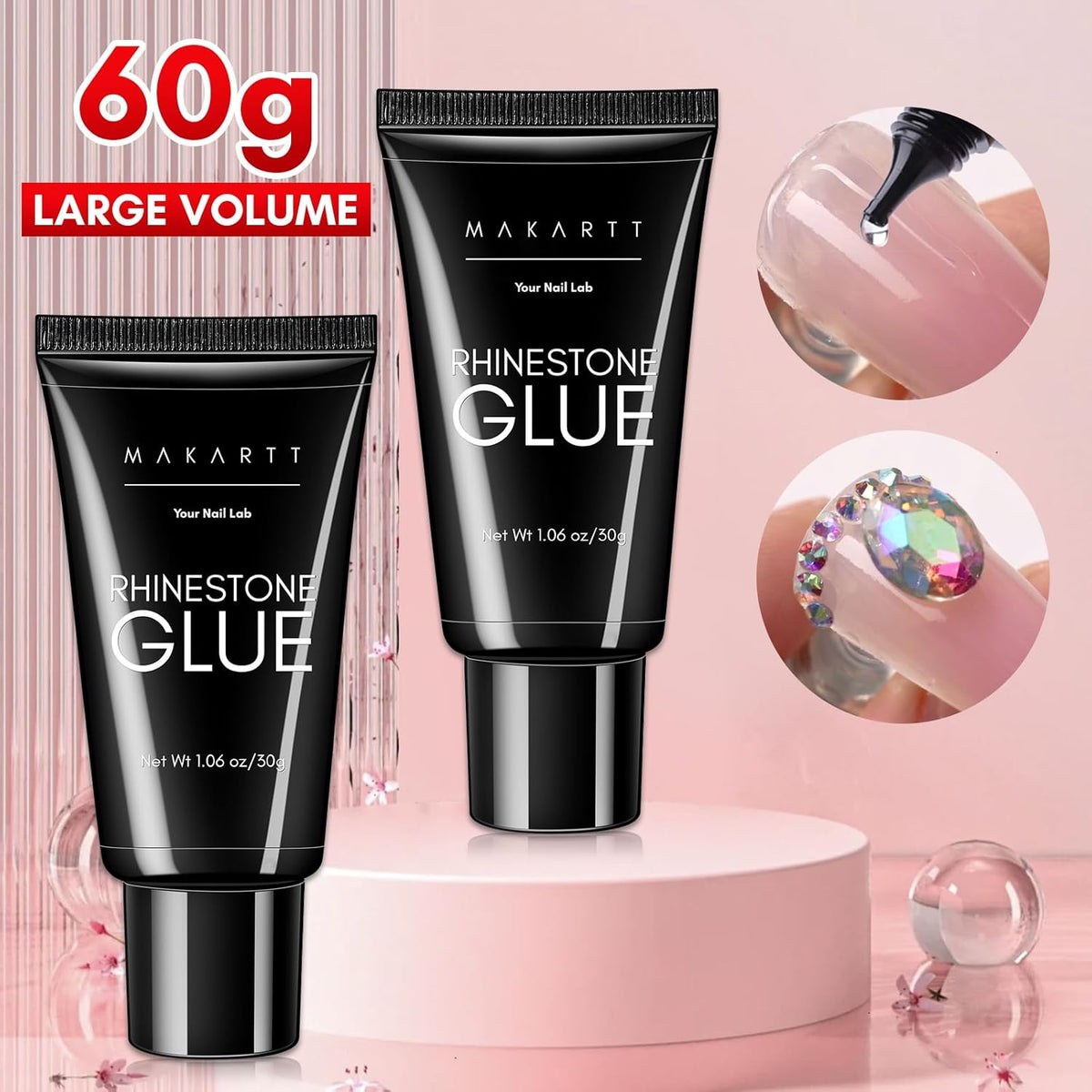 Makartt Nail Rhinestone Glue for Nails- 60ML Super Strong Gel Glue for Rhinestones, 3D Art Charm