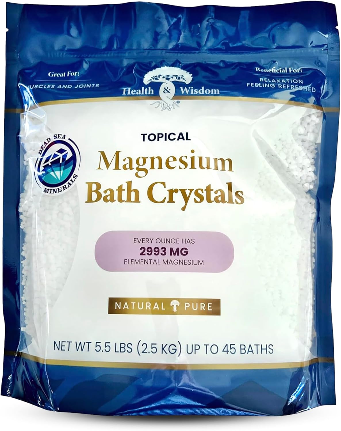 Health and Wisdom Magnesium Bath Crystals - Bath Salts with High Concentration & Enhanced