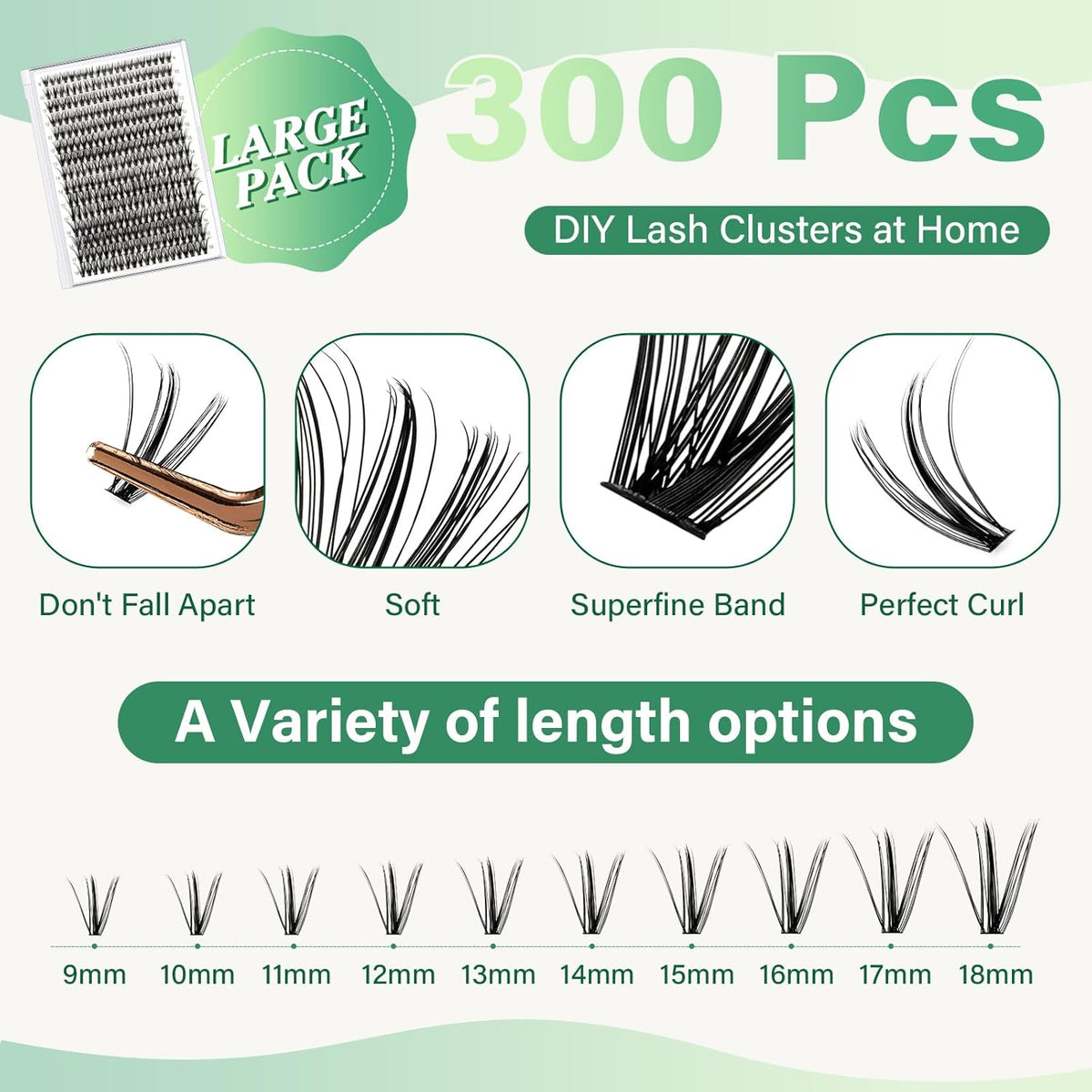 KEYYOU Lash Extension Kit DIY 300Pcs Lash Clusters Eyelash Extension Kit 30D C Curl 9-18MIX Lash
