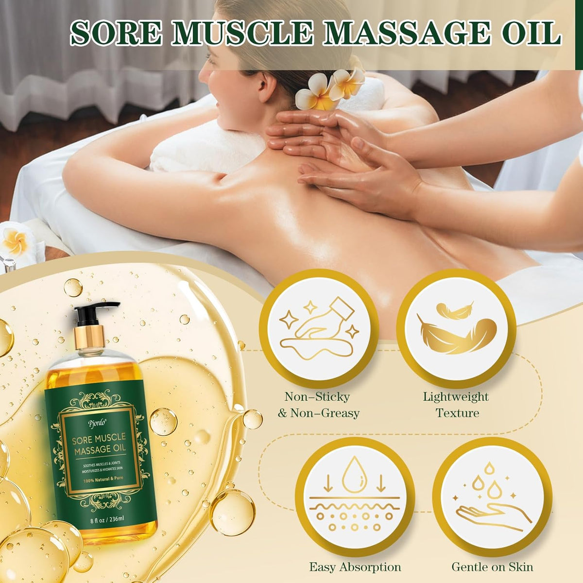 Sore Muscle Massage Oil for Massage Therapy, 8 FL OZ Natural Body Massage Oil with Lavender Oil