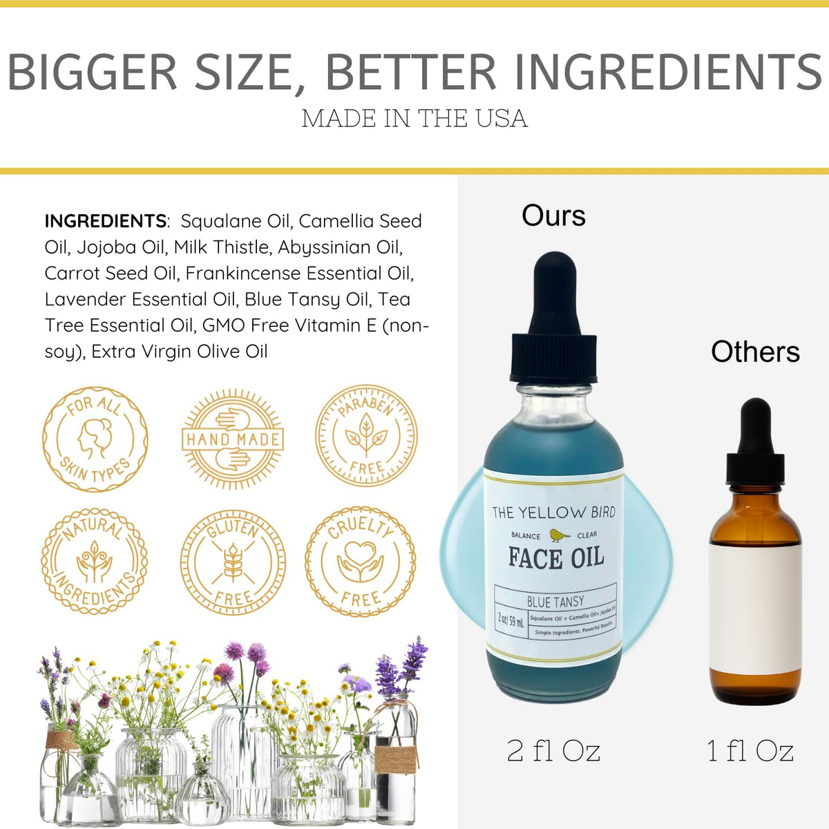Yellow Bird Balancing Blue Tansy Face Oil 2 oz / 59 ml – Skin Glowing Serum. Collagen Support.