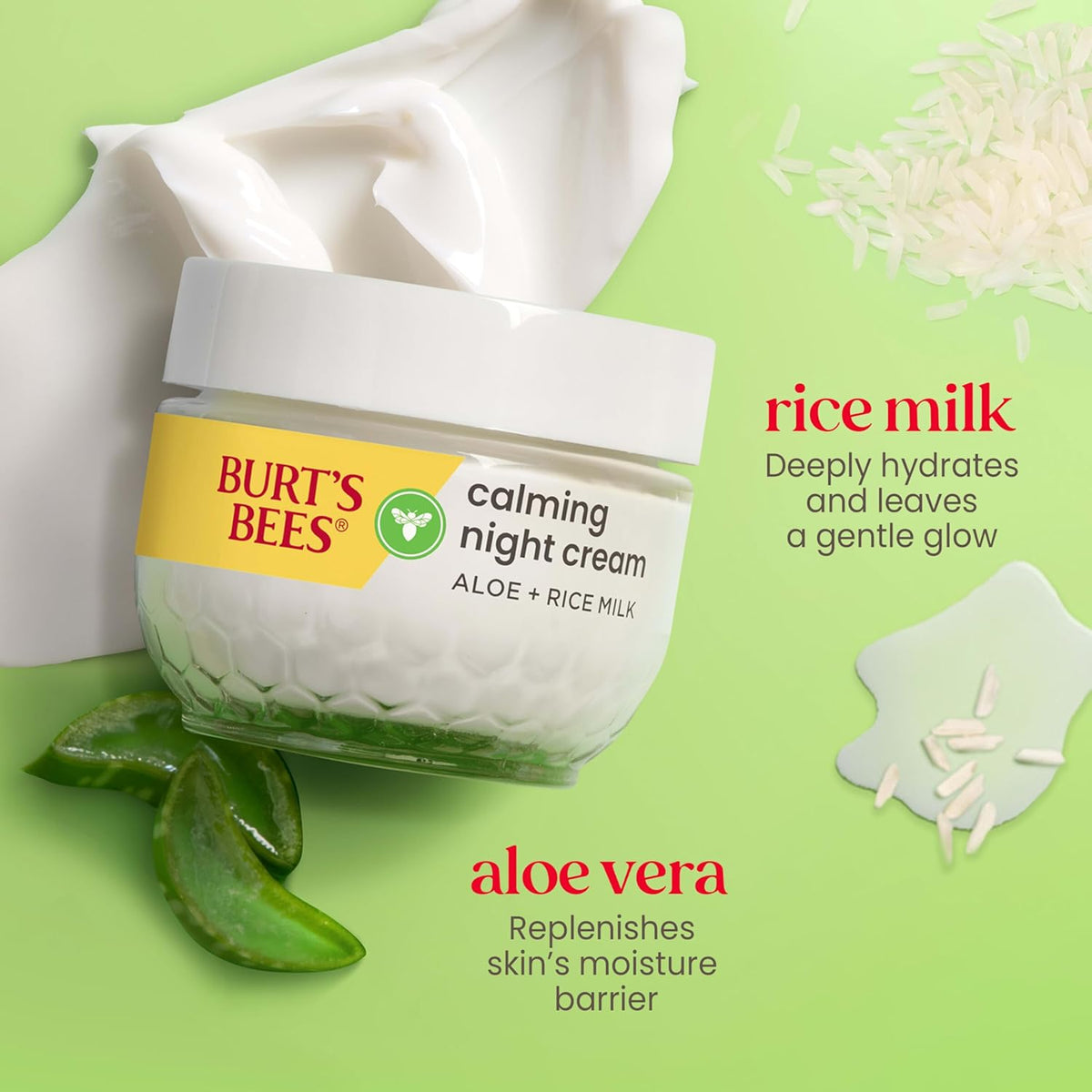 Burt's Bees Calming Night Cream With Aloe and Rice Milk, Face Moisturizer For Sensitive Skin