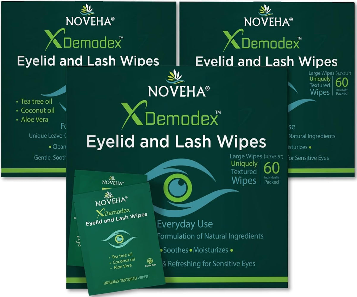 NOVEHA Demodex Eyelid & Lash Wipes | Box of 60 Individually Wrapped Extra Strength Cleansing